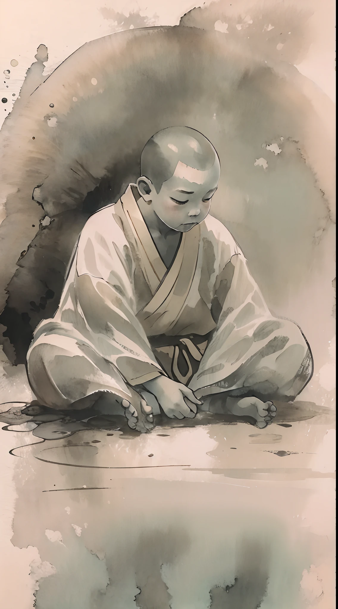 A 3--old  monk，Wide robe，Meditate，ink wash style，water ink，ink，Smudge