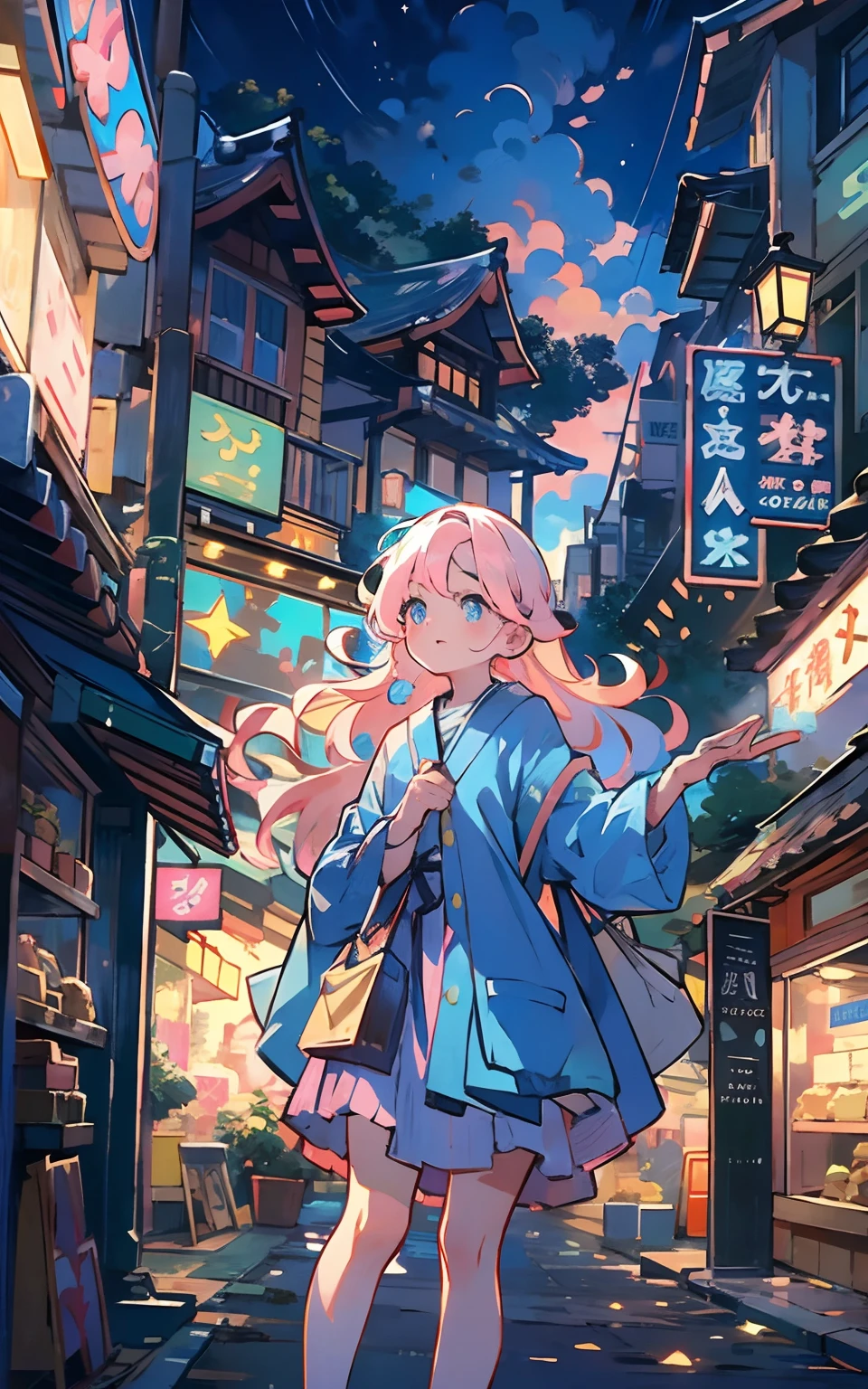 The character：Polaris stands on a street in Tokyo，The shops are illuminated in the distance。 appearance：Light blue shoulder-length hair，Dark blue pupils，Wears a blue outfit，Mixed with a little warm pink。 nature：Lively and welcoming，Helpful.    Scene:  character stand ing at a distance looking towards the sky castle above the shops at the end