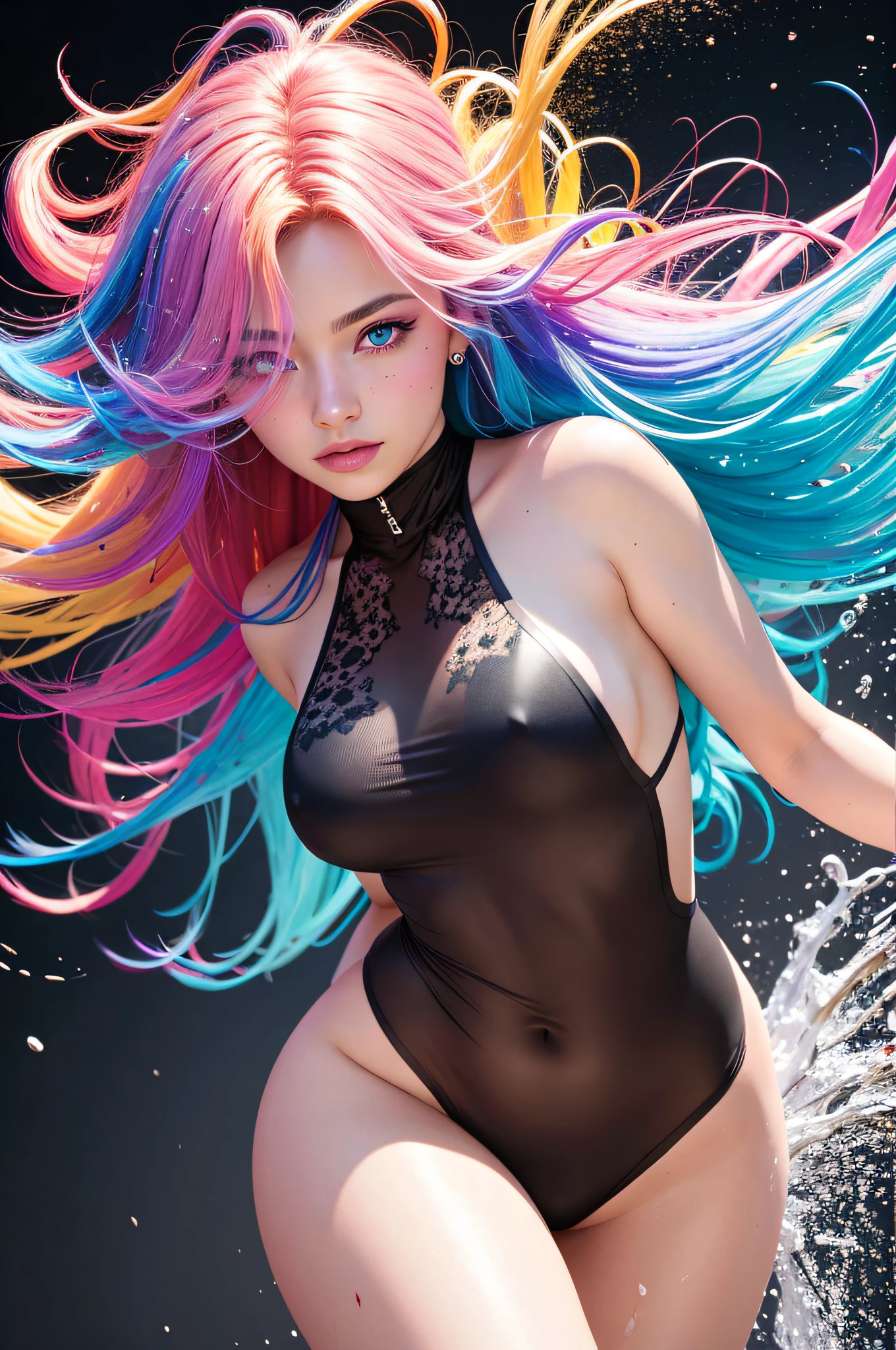 8k, RAW photo, realistic, photo-realistic, hyper-realistic, highest quality, best quality, masterpiece, highly detailed, absurdres,
masterpiece, best quality, (extremely detailed CG unity 8k wallpaper, masterpiece, best quality, ultra-detailed, best shadow), (detailed background), (beautiful detailed face, beautiful detailed eyes), High contrast, (best illumination), 1girl, Australian, multicoloured hair, beautiful, ((colourful paint splashes on transparent background, dulux)), ((caustic)), dynamic angle,beautiful detailed glow,full body, cowboy shot,