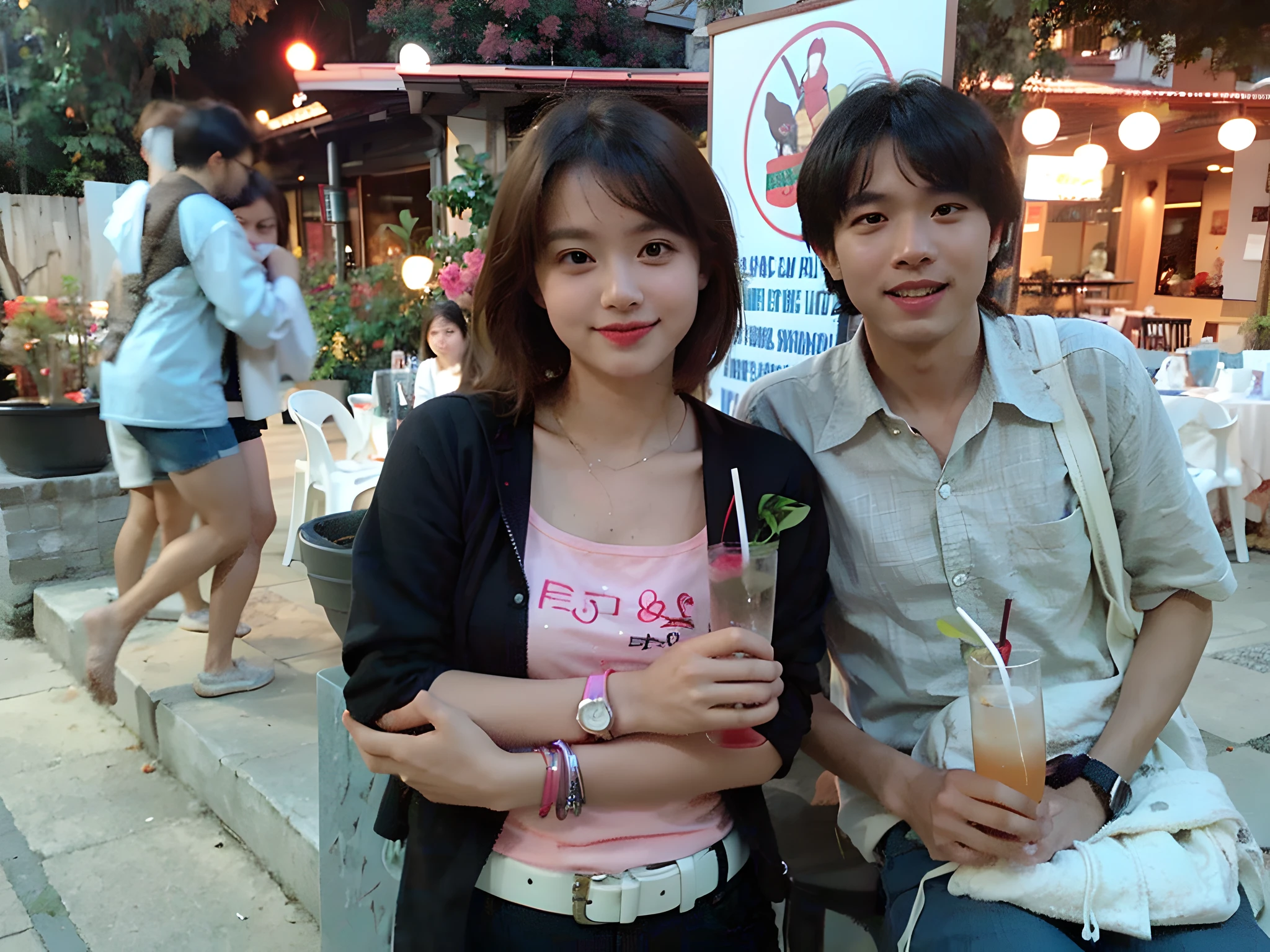 they are posing for a picture in front of a restaurant, with her long, lovely couple, with sunset, happy couple, with a straw, couple pose, ruan jia and brom, not blurry, romantic couple, loli, wining, with ivy, couple, with a drink, at twilight, scandy and arender, with a figure in the background