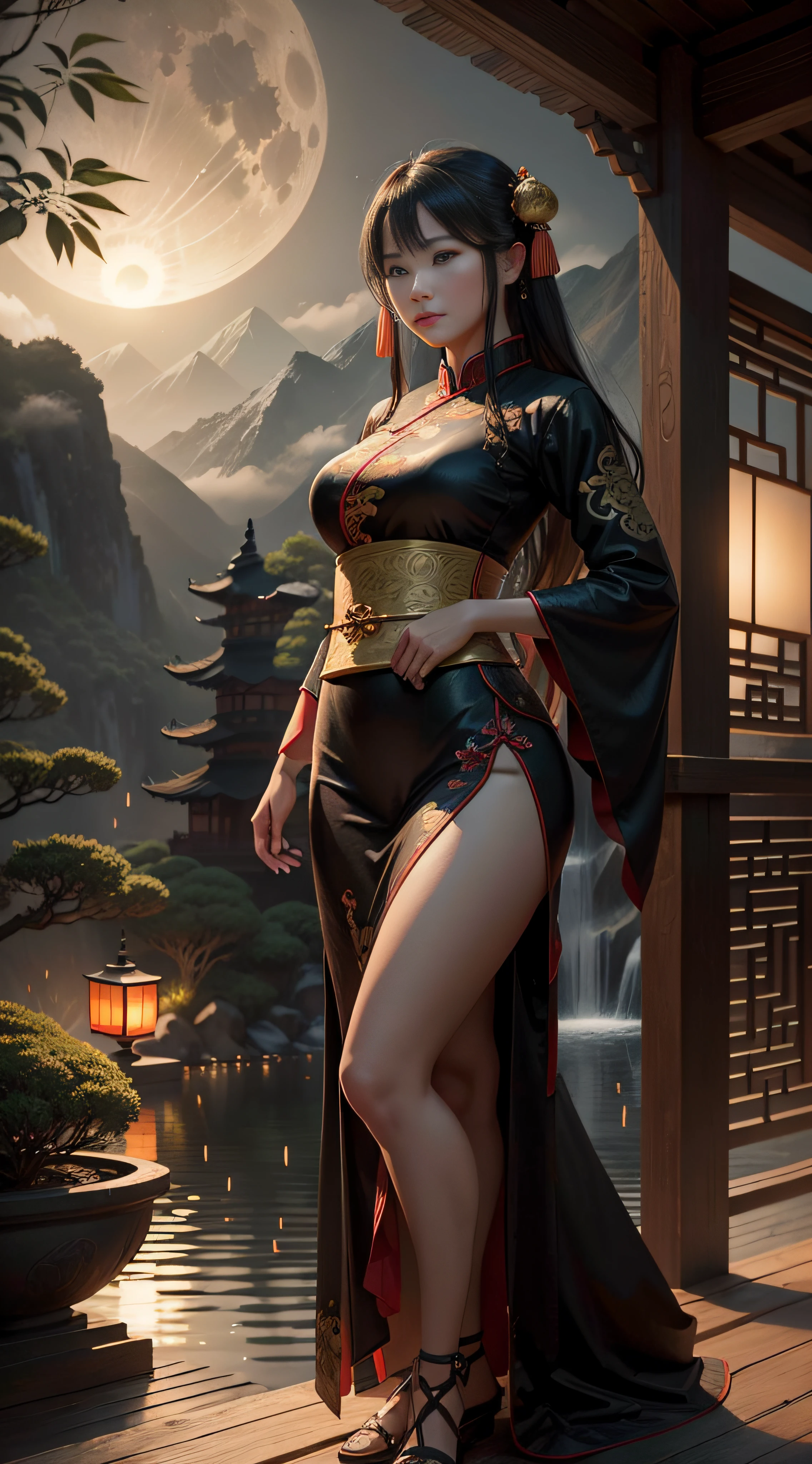 masterpiece,best quality,Chinese martial arts style,an asian night scene with lanterns and water lilies,asian pond with many lanterns and boatsa night scene with many lights and boats in the water, Lake surface, lotus flowers,beautiful night scene,(((Chinese martial arts style))), with vast sky, continuous mountains and steep cliffs, ink wash style, outline light, atmospheric atmosphere, depth of field, mist rising, bamboo, pine trees, octagonal stone pavilion, waterfall flowing water,big full moon,(No color) , Monochrome, light color, female model, full body, facing viewer, standing pose