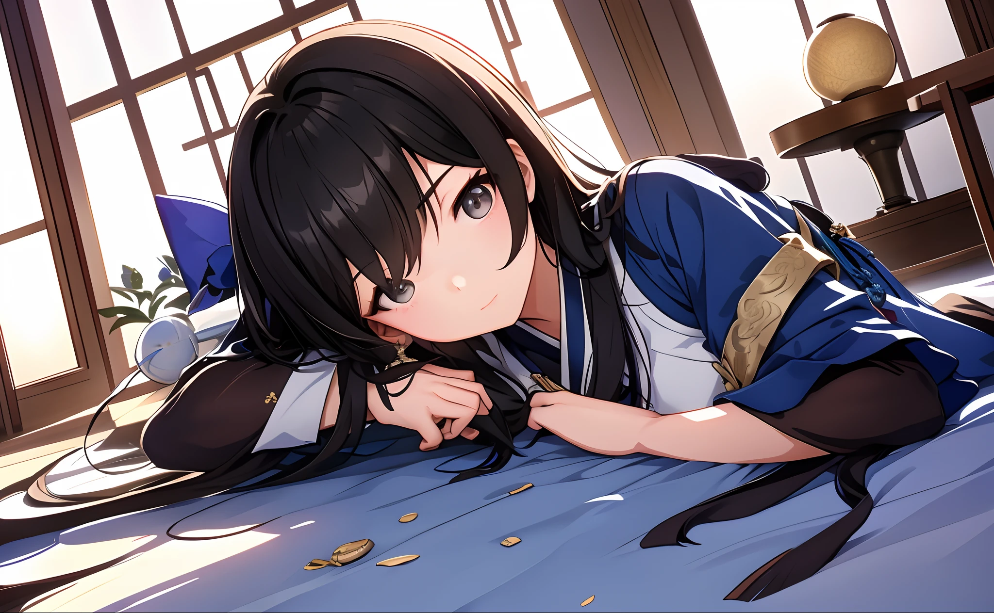 Masterpiece, Professional lighting, photon maping, Radio City, Physically-based rendering,1 girl with black hair, full bodyesbian,Full of confusion, A high resolution,(Hanfu, Ming style),Just woke up,Lie down in bed,In an ancient boudoir