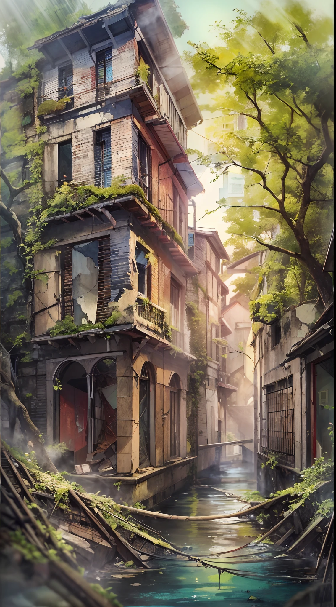 Amidst an abandoned city, nature has reclaimed its territory, trees and vines intertwining with broken buildings, a river flowing through the heart of the urban landscape, sunlight piercing through the foliage, evoking a serene yet haunting environment, Painting, watercolors on textured paper