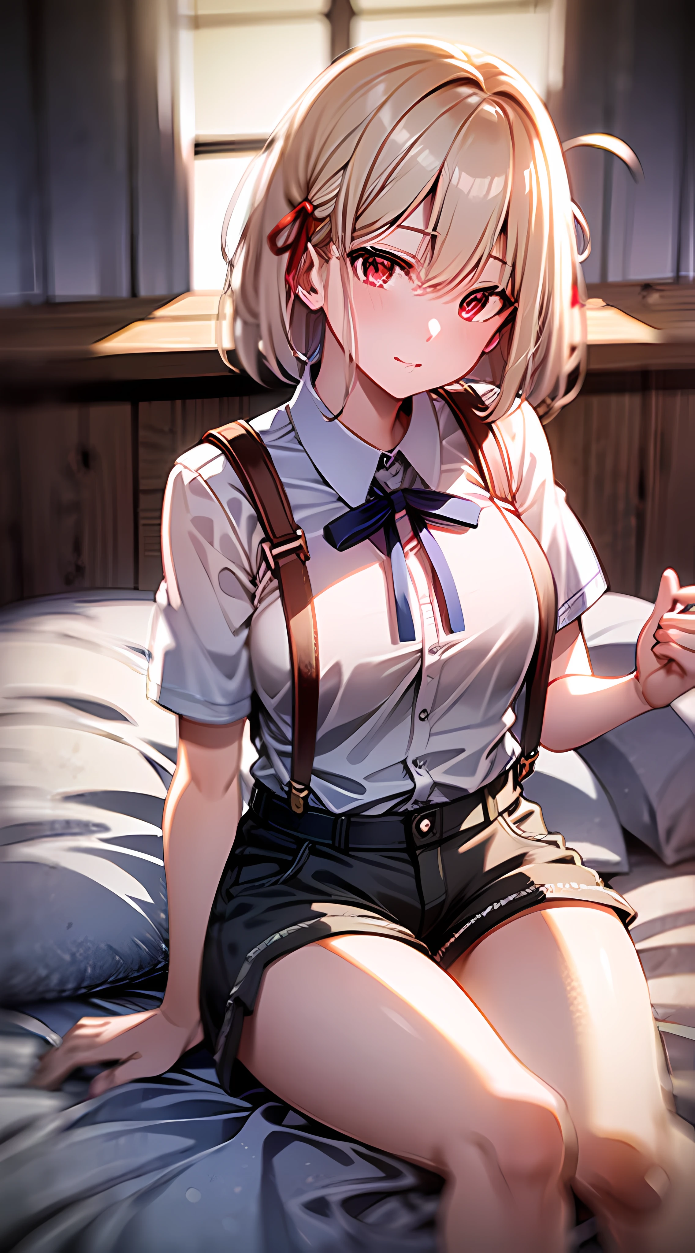 (masterpiece:1.1), (best quality:1.0), (ultra highres:1.0) ,(8k resolution:1.2),(realistic:1.0),(ultra detailed1:0), (sharp focus1:0), (RAW photo:1.1), (lighting:1:1), Tokyo street, (night:1:1), Shibuya_\(Japan\),

Chisato_Nishikigi_\(Lycoris_Recoil\), 1girl, bed, blonde_hair, blue_ribbon, breasts, clock, curtains, cushion, hair_ribbon, indoors, looking_at_viewer, medium_breasts, neck_ribbon, on_bed, one_side_up, pillow, plant, red_eyes, ribbon, shirt, short_hair, shorts, sitting, solo, suspenders, white_shirt, window

small_brisket,