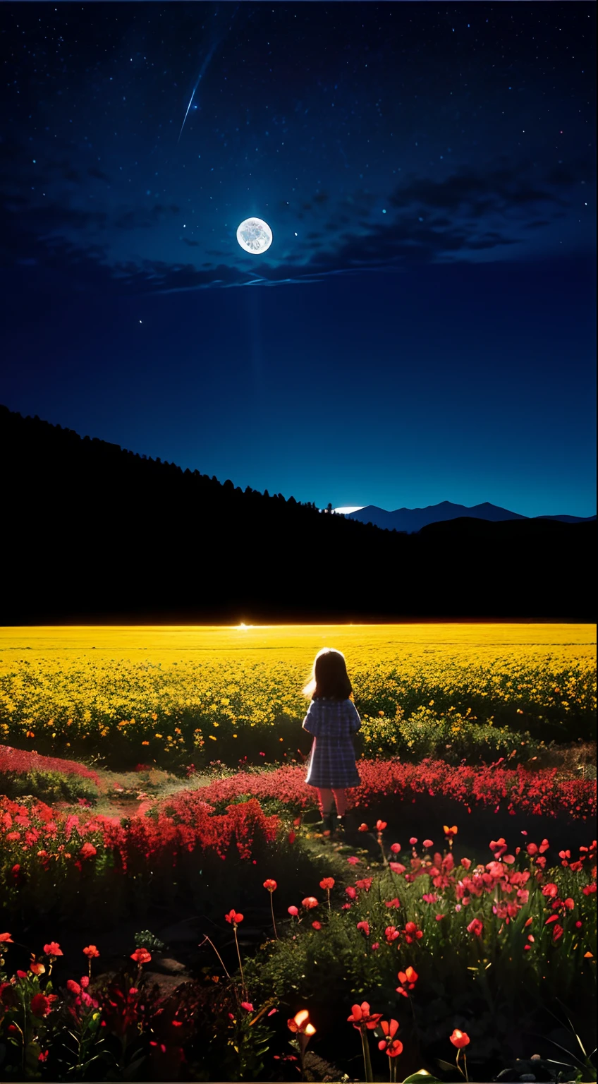 Expansive landscape photograph, (View from below with a view of the sky and the wilderness below), little girl standing in a flower field looking up, (full moon: 1.2), (meteors: 0.9), (Starcloud: 1.3), Far Mountain, Tree BREAK Production Art, (warm ...