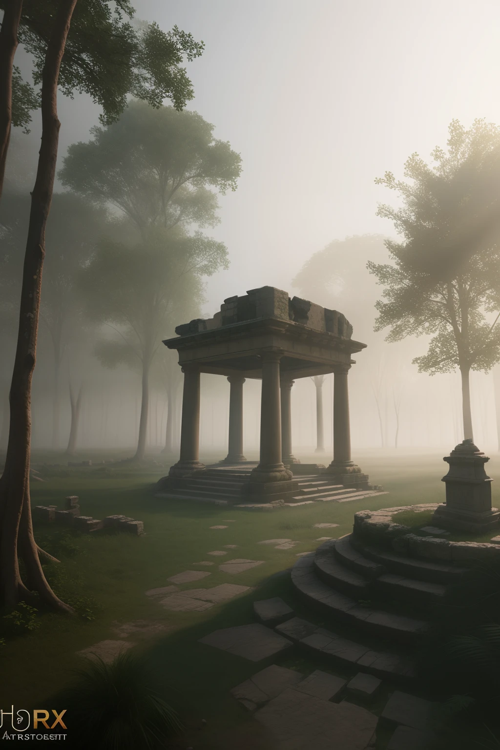 Ancient, crumbling ruins, forgotten palace, dark, mist, masterpiece, cinematic, trending on artstation, 8k, octane render, deep in the forest