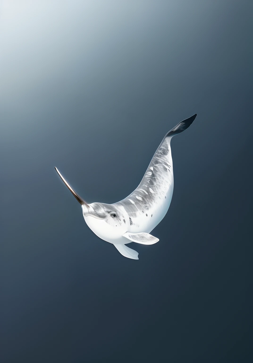 There is a black-and-white photo of a narwhal in flight, narwhal, subreddit / r / whale, flying whale, whale, ivan seal, space magical whale, space whale, marine animal, [ Realistic photo ]!!, isolated on a white background, Fluttering bull nets, author：Shinji Aramaki, very accurate photo, Realistic illustration