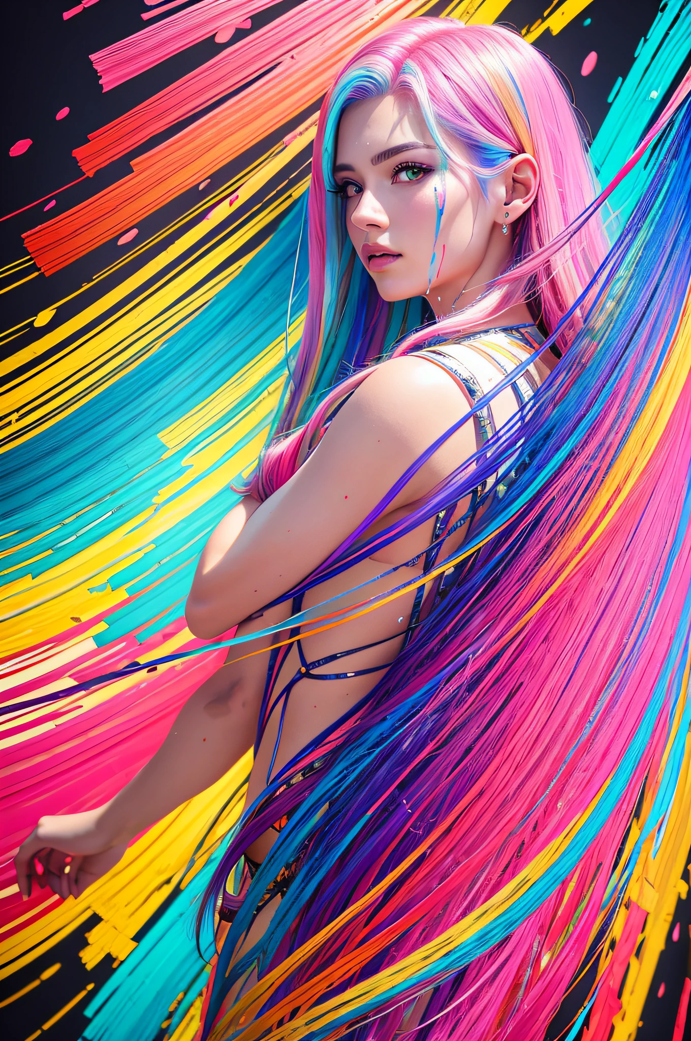 8k, RAW photo, realistic, photo-realistic, hyper-realistic, highest quality, best quality, masterpiece, highly detailed, absurdres,
masterpiece, best quality, (extremely detailed CG unity 8k wallpaper, masterpiece, best quality, ultra-detailed, best shadow), (detailed background), (beautiful detailed face, beautiful detailed eyes), High contrast, (best illumination), 1girl, Australian, multicoloured hair, beautiful, ((colourful paint splashes on transparent background, dulux)), ((caustic)), dynamic angle,beautiful detailed glow,full body, cowboy shot,