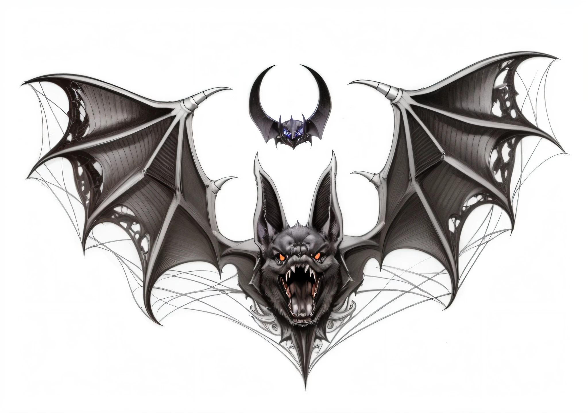 bat animal, seen from the front, open mouth, angry physiognomy, symmetric art, new school style, new traditional style, neo traditional style, well detailed, well defined, purple and dark colors