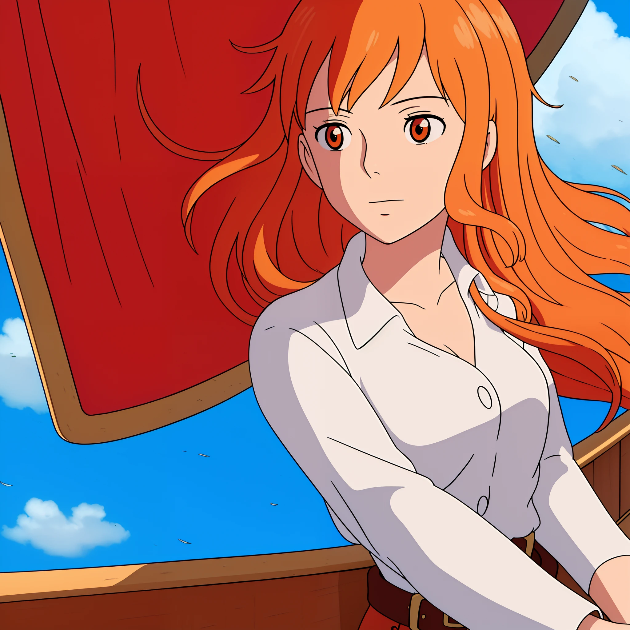 ((best quality)), ((masterpiece)), ((detailed background)), ((high quality illustration)), 1girl, wanostyle, nami 1800, long silky hair, orange eyes, high nose, sharp eyes, upper body, noble, inviolable temperament, female, goddess beauty, pirate ship background, blue sky, clouds, bracelets, white long sleeve, mini dress, donned another belt, bright eyes, miyazaki hayao