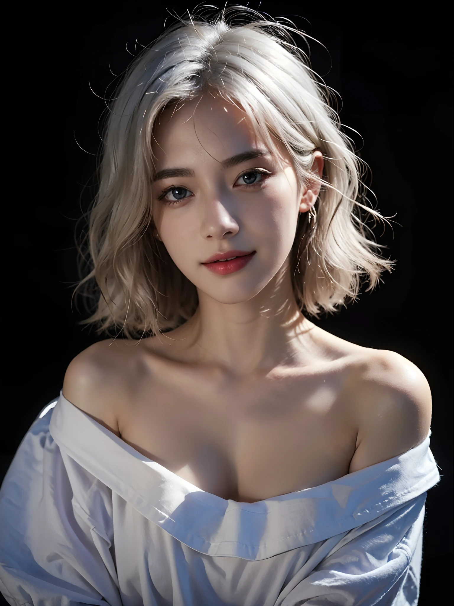 Best quality, masterpiece, ultra high res, (photorealistic:1.5), raw photo, 1girl, offshoulder, in the dark, deep shadow, low key, cold light, sexy look, white hair, short wavy hair, light smile, naked