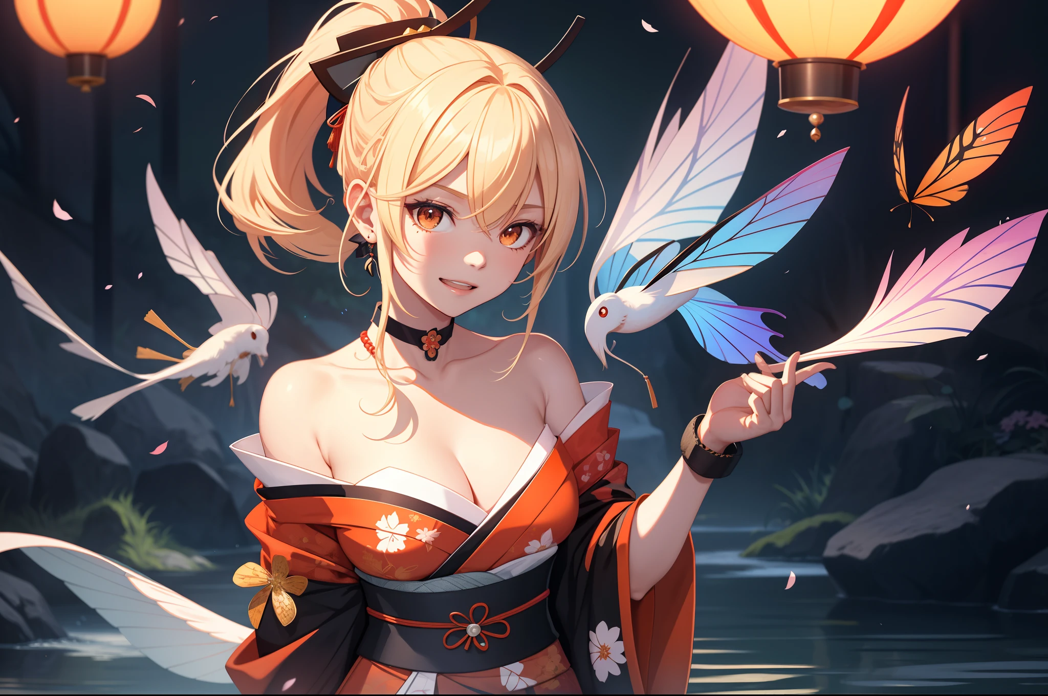 Masterpiece, Best quality, A high resolution, 1girll,(head portrait:1.5),Headshot,Portrait photo, (standing on your feet:1.4),Close-up shot,Blonde hair, Medium hair, Asymmetrical hair, Floating hair, hair between eye, High ponytail, side locks, hair adornments, fish hair ornament, nipple tassels, kanzashi, bangs, Orange eyes, Open mouth, Smile, teeth, Upper teeth only, choker necklace, Red necklace, pendant choker, butterfly choker, 鎖骨, tattoo,Half of your body is in the water,hot onsen, chest tattoo, flower tattoo, cleavage, Medium breasts, Thighs, Bandages, bandaged leg, Arashi, Budget Arashi, Chest sarashi, black sash, hadanugi dousa, houkisei, Japanese clothes, komono, Kinchaku, Obi, Obiage, obijime, orange kimono, pouch, print kimono, Cord, sash, shimenawa, Short kimono, Single bare shoulder, visions (Genshin Impact), east asian architecture, Cherry blossoms, Single glove, Single fingerless gloves, arms cuffs, Sitting, Legs together,