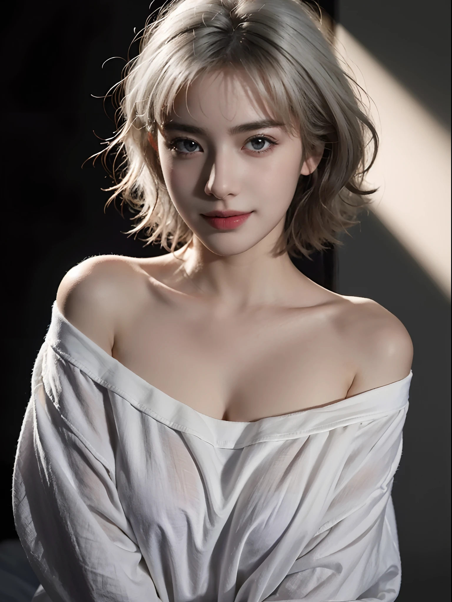 Best quality, masterpiece, ultra high res, (photorealistic:1.5), raw photo, 1girl, offshoulder, in the dark, deep shadow, low key, cold light, sexy look, white hair, short wavy hair, purple eyes, light smile, huge breasts, white oversized t-shirt