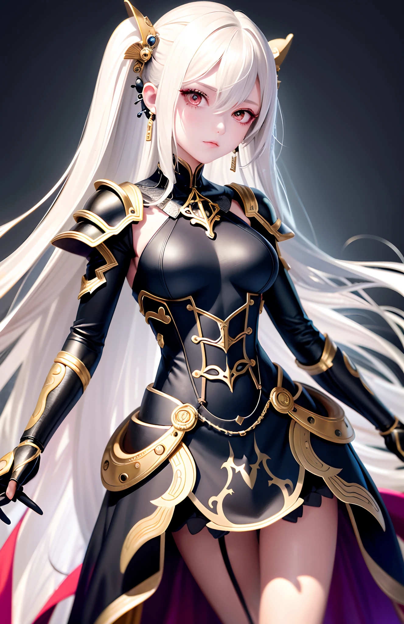 optimum，tmasterpiece，A high resolution，best qualtiy，hyper HD，super detailing，Award-Awarded，16k，独奏，（The upper part of the body），anatomy correct，Beautiful steampunk girl，Lady Knight，cute  face，high light，Gradient Beige Hair，Hairline，（（Scarlet eyes）），Metal eye patch，long eyelasher，Hanging eye corners，White skin of the，（small boobs），（Slim body），（（Sheet metal armor）），（（Metal dress）），（（Metal arm armor）），（），ear studs，（neck rings），（Metal Material Apparel：1.2）