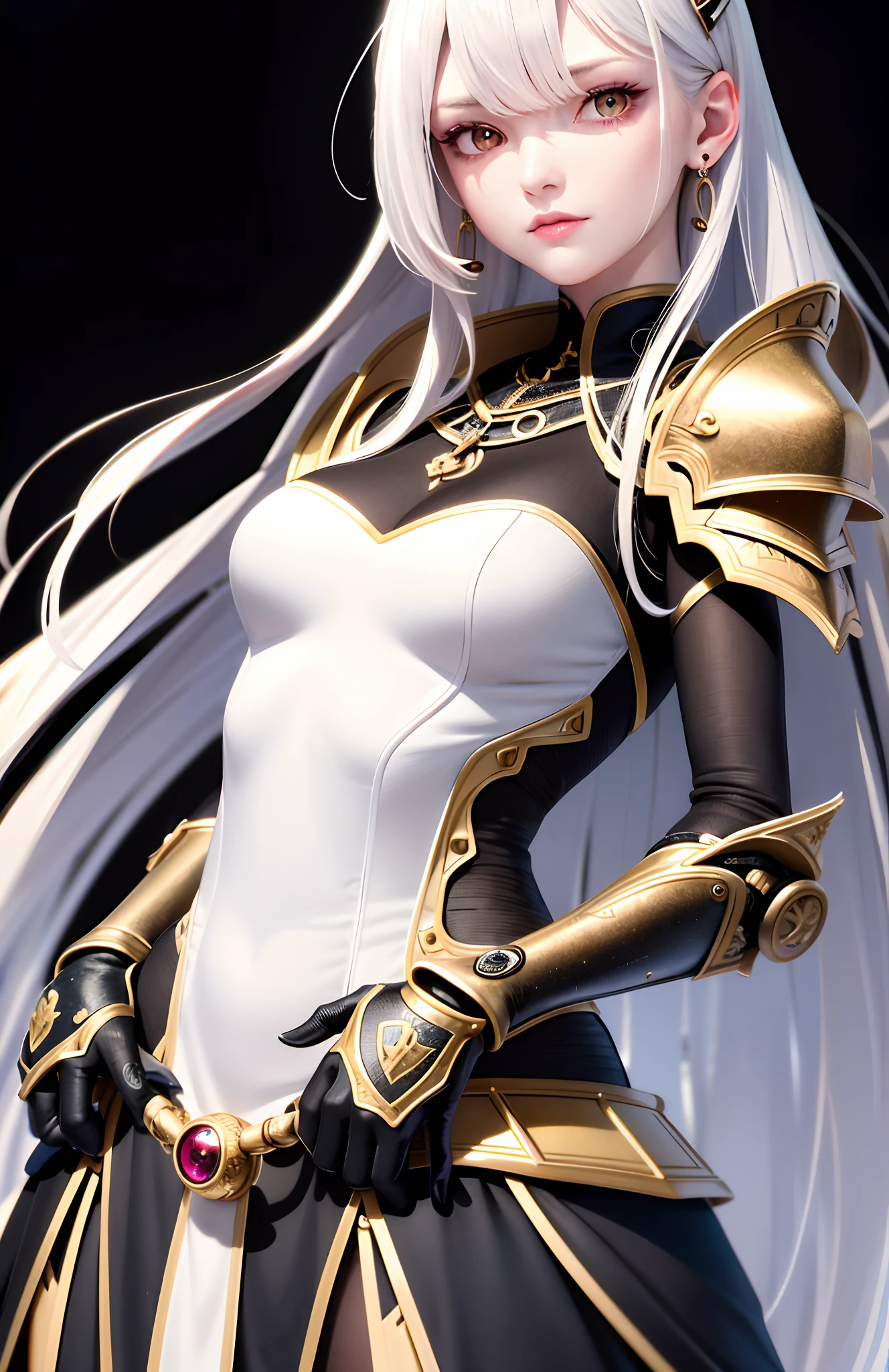 optimum,tmasterpiece,A high resolution,best qualtiy,hyper HD,super detailing,Award-Awarded,16k,独奏,(The upper part of the body),anatomy correct,Beautiful steampunk girl,Lady Knight,cute face,high light,Gradient Beige Hair,Hairline,((Scarlet eyes)),Metal eye patch,long eyelasher,Hanging eye corners,White skin of the,(small boobs),(Slim body),((Sheet metal armor)),((Metal dress)),((Metal arm armor)),(),ear studs,(neck rings),(Metal Material Apparel:1.2)