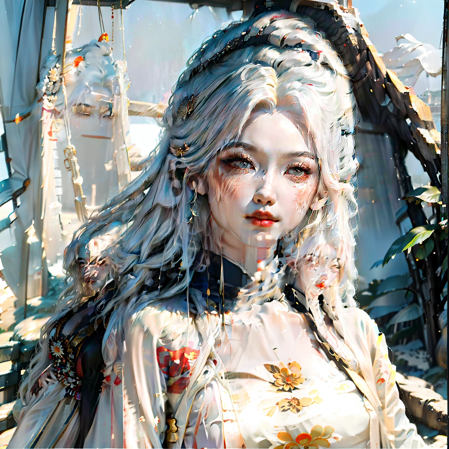 an ancient Chinese goddess, guanyin of the southern seas, Guanyin, Inspired by India, Avalokiteshvara rides a tiger,,Serene expression,shui mo hua,Buddha,Buddhist,Lotus,Chinese painting style,Thangka style