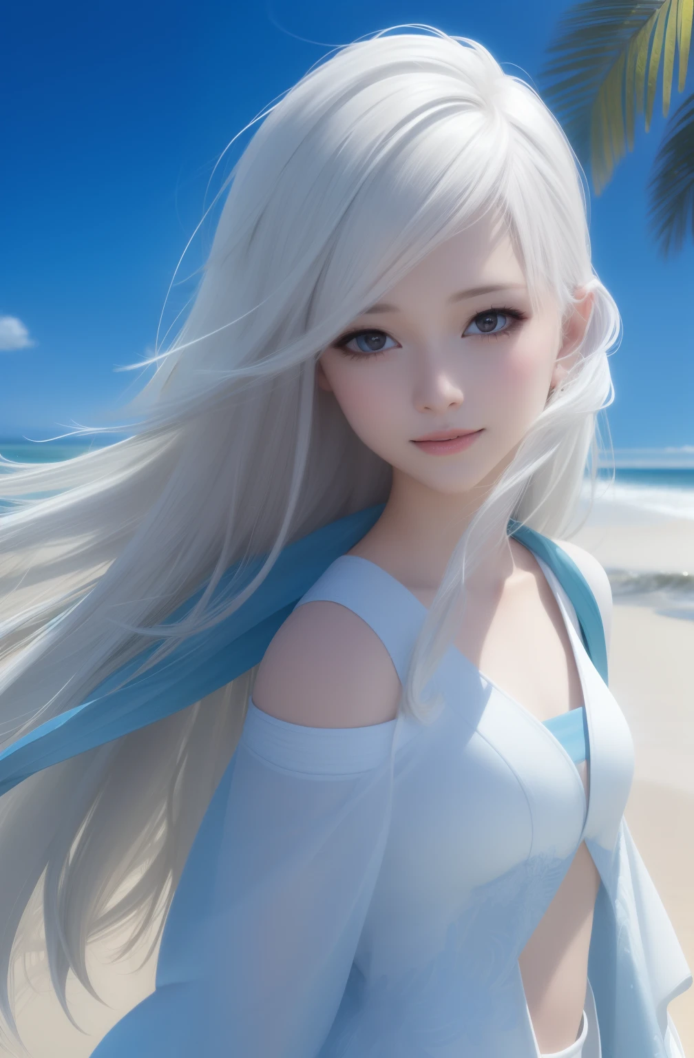 Pretty women,Windblow pure white hair,glow brown eyes,realisticlying,tmasterpiece,high detal,4K,sea beach background,High detail light,Light smile,white skinned