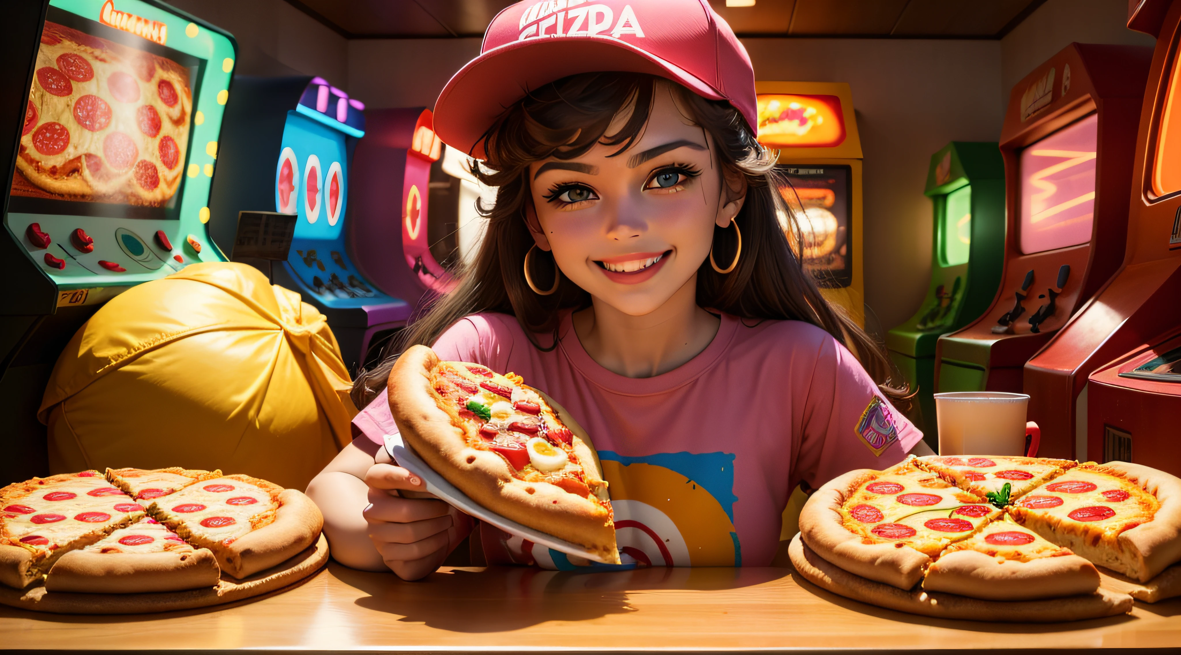 "80s Themed Pizzas Arcade Game, detalhada, cores vibrantes, Retro style, Ambiente divertido, garota sorridente, roupas coloridas, Pizzas deliciosas, sem estampa na camiseta, no printing on the lid, remover homem, balde e saco amarelo de campo visual."
