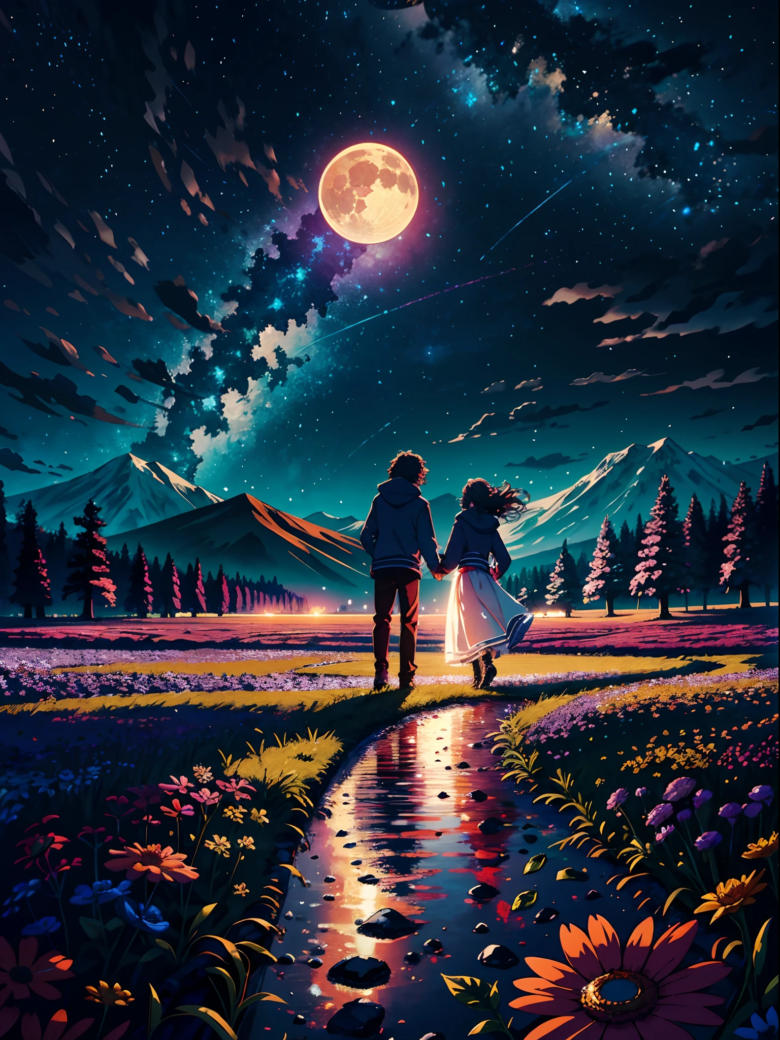 Expansive landscape photograph，（look from down，Above is the sky，Below are open fields），Couple sitting on a flower field looking up，（moon full：1.2），（meteors：0.9），（Starcloud：1.3），Far Mountain, Tree BREAK making art，（Warm light source：1.2），（glowworm：1.2），lamp lights，Lots of purple and orange，Complicated details，Volumetric lighting BREAK（tmasterpiece：1.2），（best qualtiy），4k，ultra - detailed，（dynamic compositions：1.4），detail-rich，plethora of colors，（Irridescent color：1.2），（with light glowing，Atmospheric lighting），dream magical，magical，（独奏：1.2）