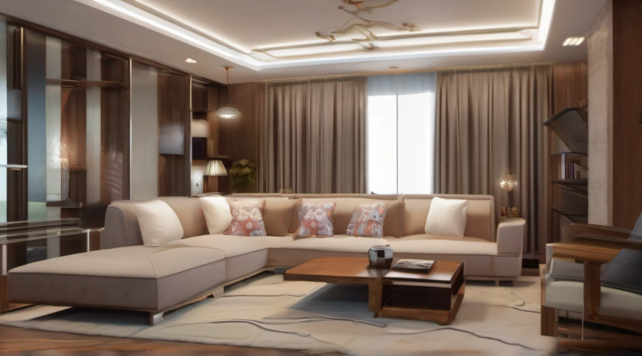 (tmasterpiece、melhor qualidade:1.4),Design de interiores,Extra-long lounge、 in a panoramic view、Wide angles,Estilo retro brasileiro,simples,Pitoresca,light-coloured furniture,varanda,janelas,Candeeiro de parede simples,Vento conciso,largo,a 3D render、cozy indoor lighting、8k
