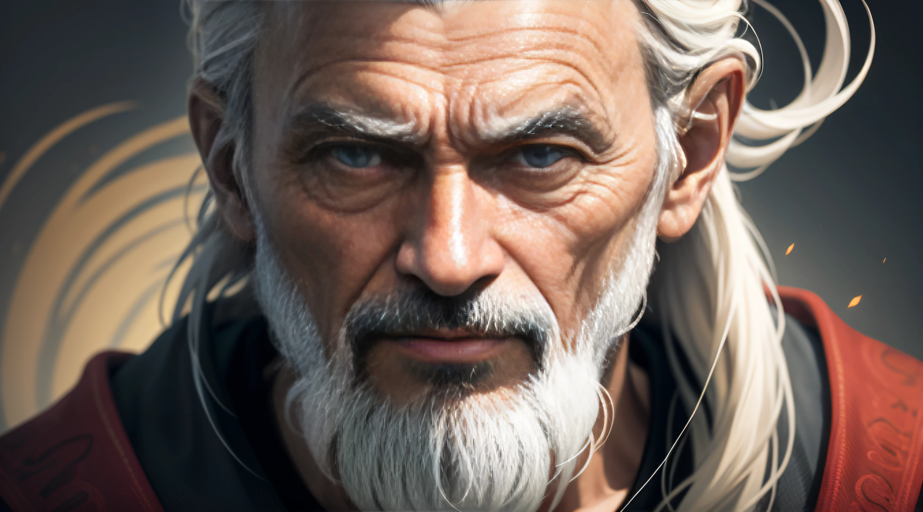 Wise Zen Master, velho homem ocidental, barba grisalha, cabelo branco liso, pintura fotorrealista, 8k, olhos detalhados, ombros no quadro. Realista.