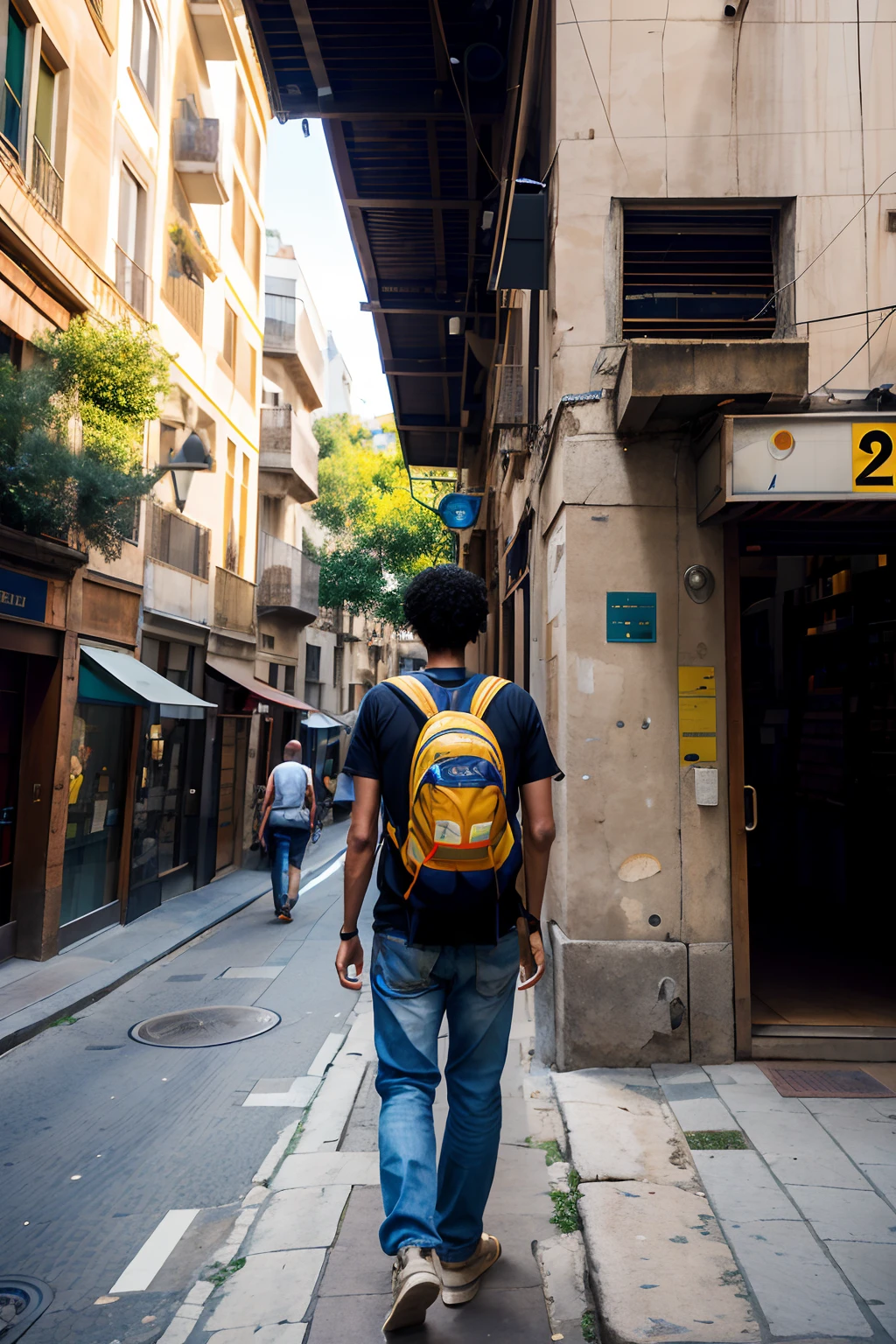 araffe walking down a narrow street with a backpack on his back, man walking through city, wandering in the city, travelers walking the streets, standing in a city street, standing in an alleyway, walking down a street, standing in a city center, a man wearing a backpack, standing in a township street, the man have a backpack, in barcelona