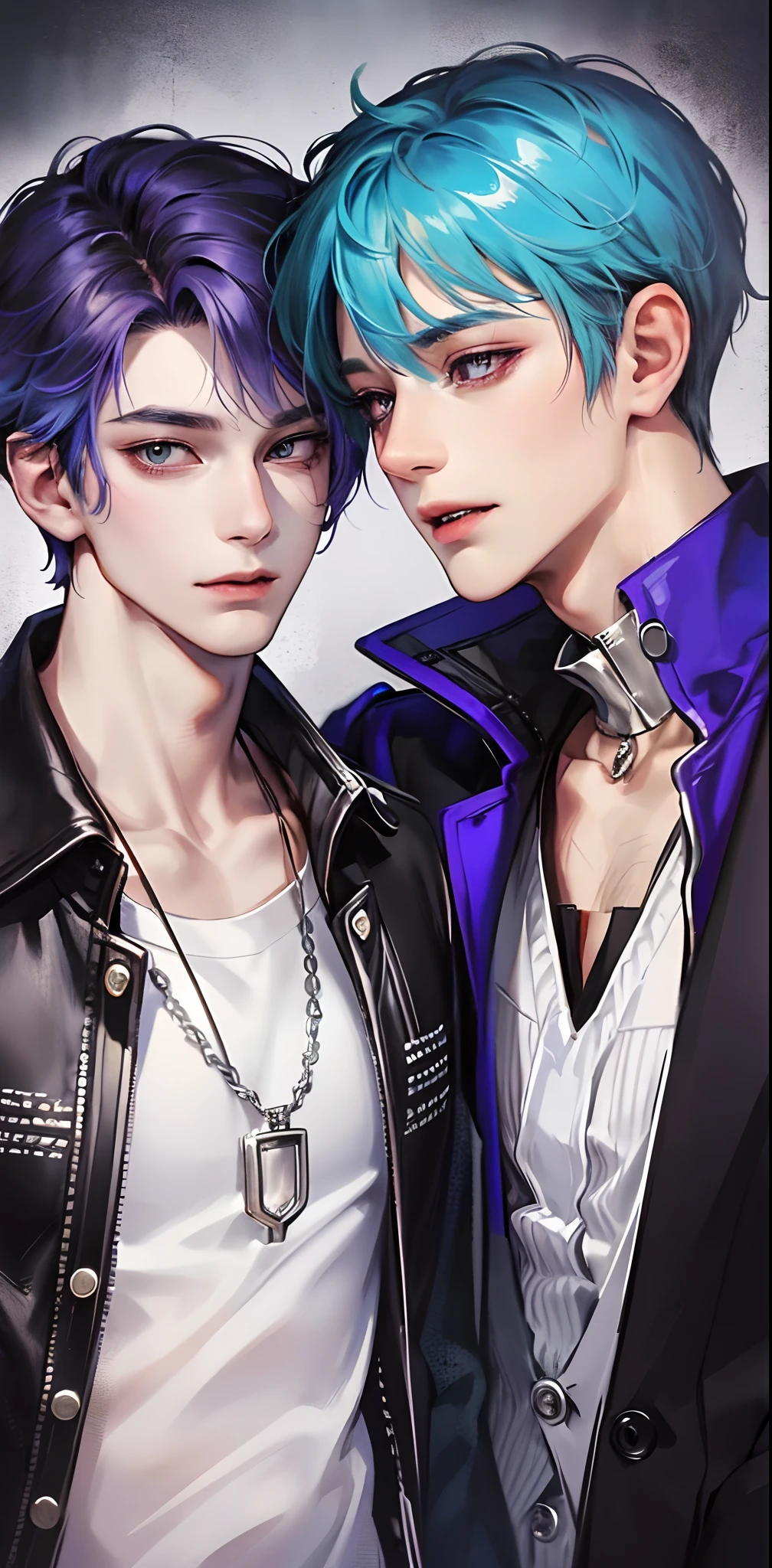 masterpiece, top-quality, 2Others, Male couple, 1 man and 1,, Adults, Height difference, different fashion, different color, finely eye and detailed face, intricate detailes, Casual clothing, Oversized shirt, Modern urban streets, A smile, Happiness, tenderness, queers, Boys Love, high-level image quality、 Two beautiful men、tall、The upper part of the body、nightfall、nighttime scene、𝓡𝓸𝓶𝓪𝓷𝓽𝓲𝓬、Korean Male, Idol Photos, k pop, Professional Photos, Vampires, Korean fashion in black and white, Fedoman with necklace, inspired by Sim Sa-jeong, androgynous vampire, :9 detailed face: 8, extra detailed face, detailed punk hair, ((eyes are brown)) baggy eyes, Seductive. Highly detailed, semi realistic anime, Vampires, hyperrealistic , delicate androgynous prince, imvu, short hair above the ears, Man with short hair, With a purple-haired man with a wild expression, Man with light blue hair with gentle expression, With a short-haired man with bright purple hair, Man with light blue hair
