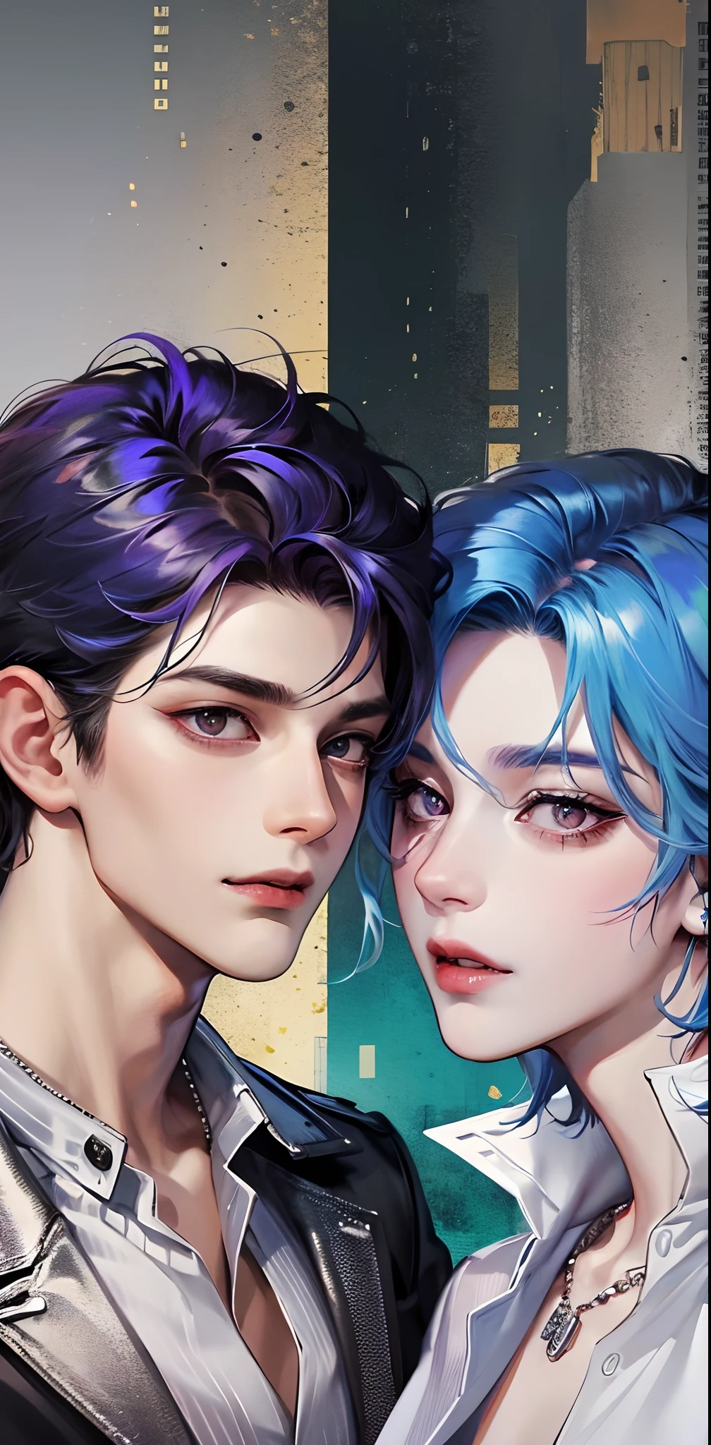 masterpiece, top-quality, 2Others, Male couple, 1 man and 1,, Adults, Height difference, different fashion, different color, finely eye and detailed face, intricate detailes, Casual clothing, Oversized shirt, Modern urban streets, A smile, Happiness, tenderness, queers, Boys Love, high-level image quality、 Two beautiful men、tall、The upper part of the body、nightfall、nighttime scene、𝓡𝓸𝓶𝓪𝓷𝓽𝓲𝓬、Korean Male, Idol Photos, k pop, Professional Photos, Vampires, Korean fashion in black and white, Fedoman with necklace, inspired by Sim Sa-jeong, androgynous vampire, :9 detailed face: 8, extra detailed face, detailed punk hair, ((eyes are brown)) baggy eyes, Seductive. Highly detailed, semi realistic anime, Vampires, hyperrealistic , delicate androgynous prince, imvu, short hair above the ears, Man with short hair, With a purple-haired man with a wild expression, Man with light blue hair with gentle expression, With a short-haired man with bright purple hair, Man with light blue hair
