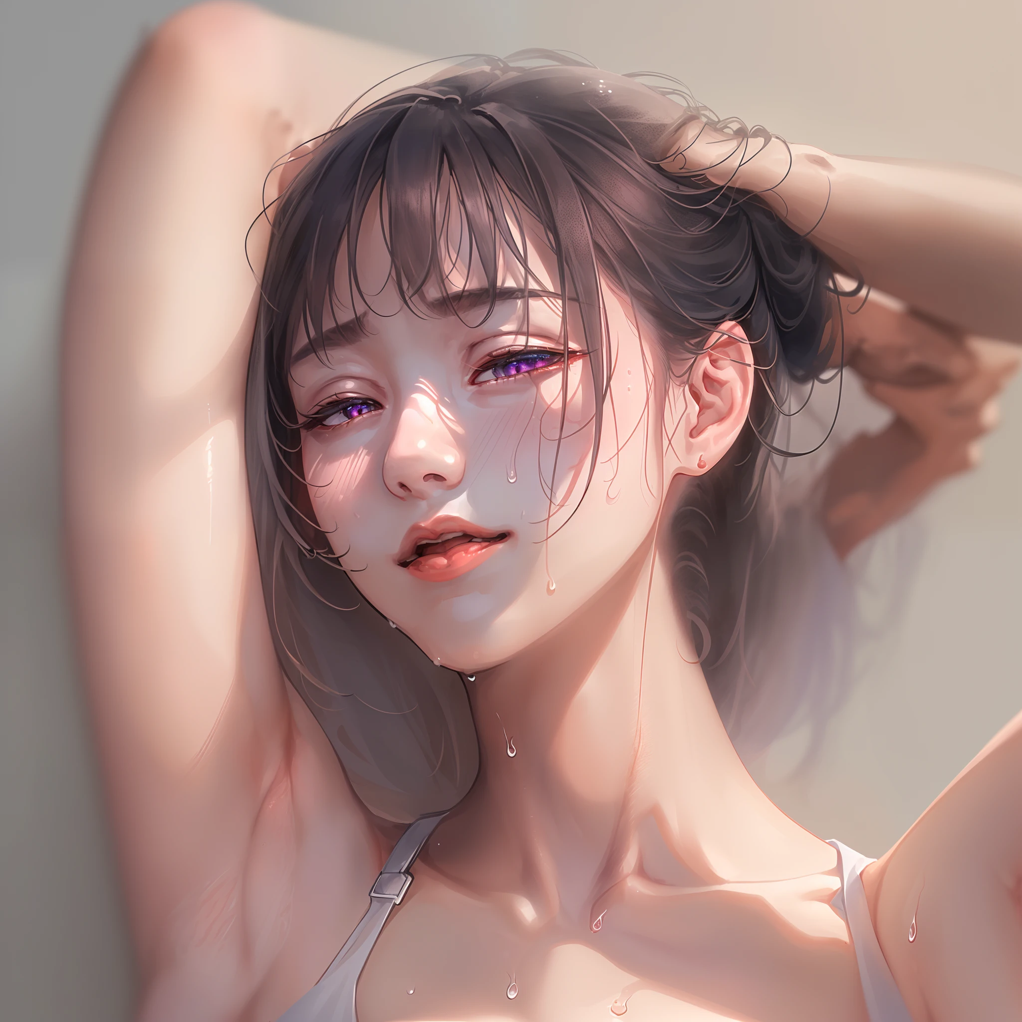 1 girl showing armpits、(Beautiful armpits、Sweat dripping、Detailed aside)、(8K、Super Detail、high-level image quality、Real Texture)