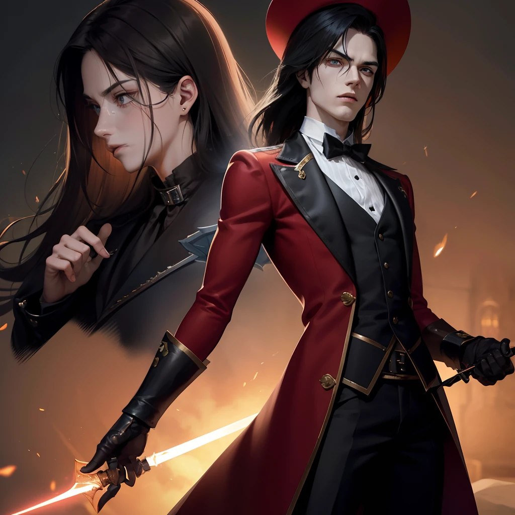 Edward Castlevania, the enigmatic protagonist of your game, emerges as the last surviving descendant of the legendary Castlevania vampire lineage that faded into history and millennia ago. Residing in the 1500 AD era, he aligns himself with the secretive organization known as "The Saber Cross." Tasked with eradicating vampiric threats preying upon humanity, Edward wields his unique dual-transforming pistols, seamlessly transitioning them into formidable swords. His existence bridges the gap between the supernatural and human worlds, adding an intriguing layer of complexity to his character as he navigates his eternal struggle he's also wearing a red jacket tuxedos and have a fedora hat