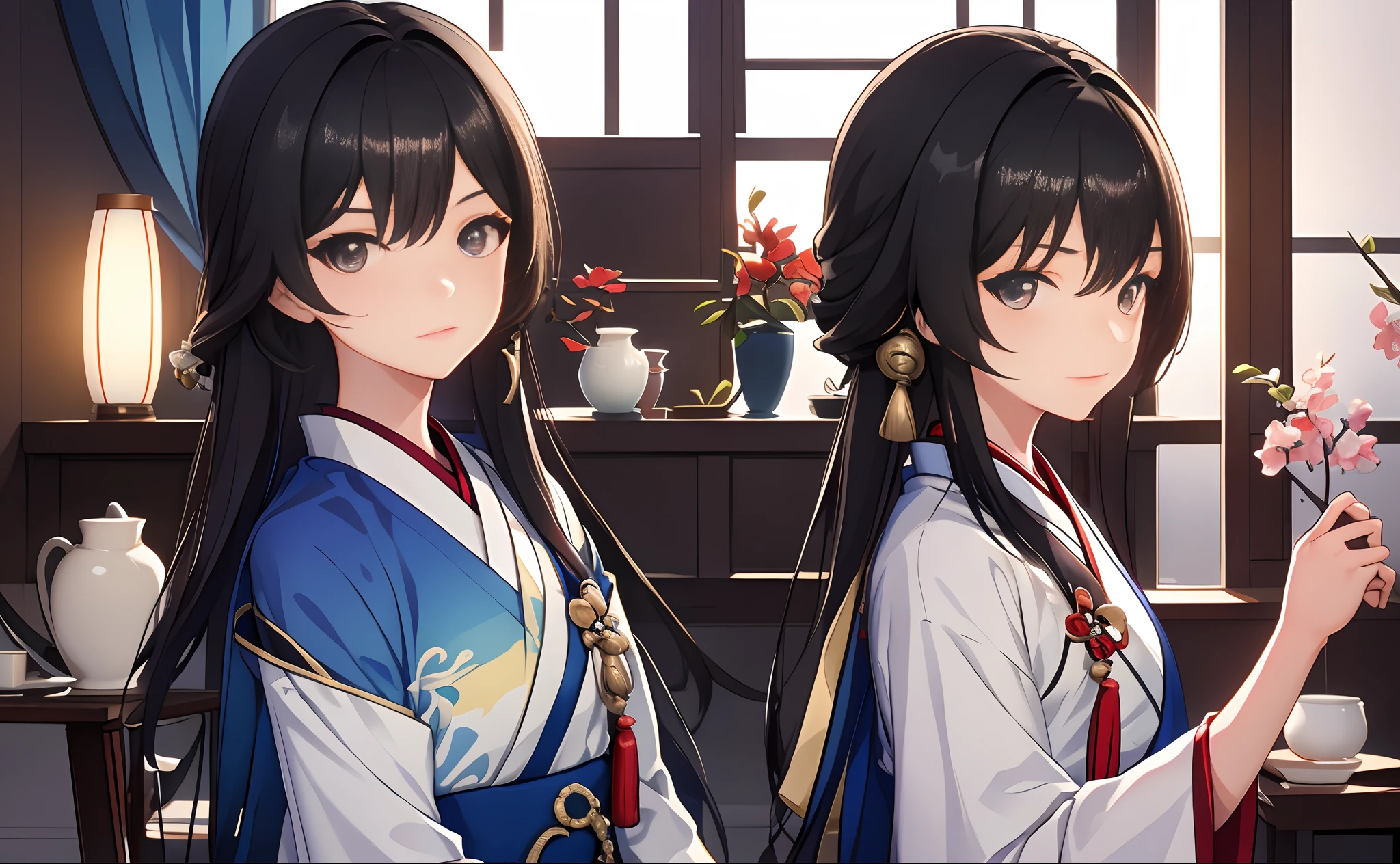 Masterpiece, Professional lighting, photon maping, Radio City, Physically-based rendering,1 girl with black hair, full bodyesbian,The expression is firm, A high resolution,(Hanfu, Ming style),The scene where I decided to help the little junior sister find the artifact