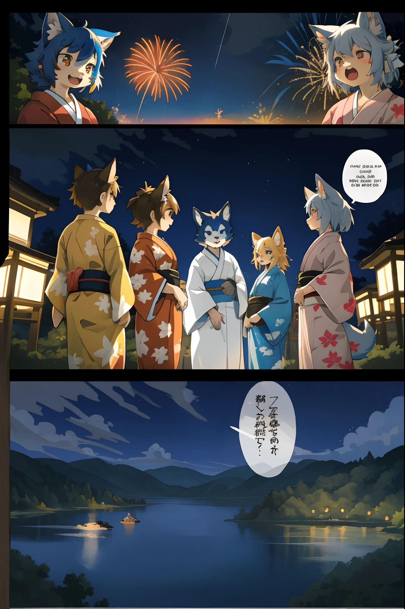 top quality, best quality, highres, masterpiece, super high resolution, detailed background, lake, nigh sky, firework, japanese yukata, 6+boys, 6+girls, absurdres(highly detailed beautiful face and eyes)perfect anatomy, good lighting, cinematic shadow(kemono, furry anthro)assorted expressions, assorted poses, assorted angles, full body, upper shot, dynamic angle(girls comic-like panel layouts, speech balloon, English text, Hand-drawn sound effects stickers used in hentai comic),