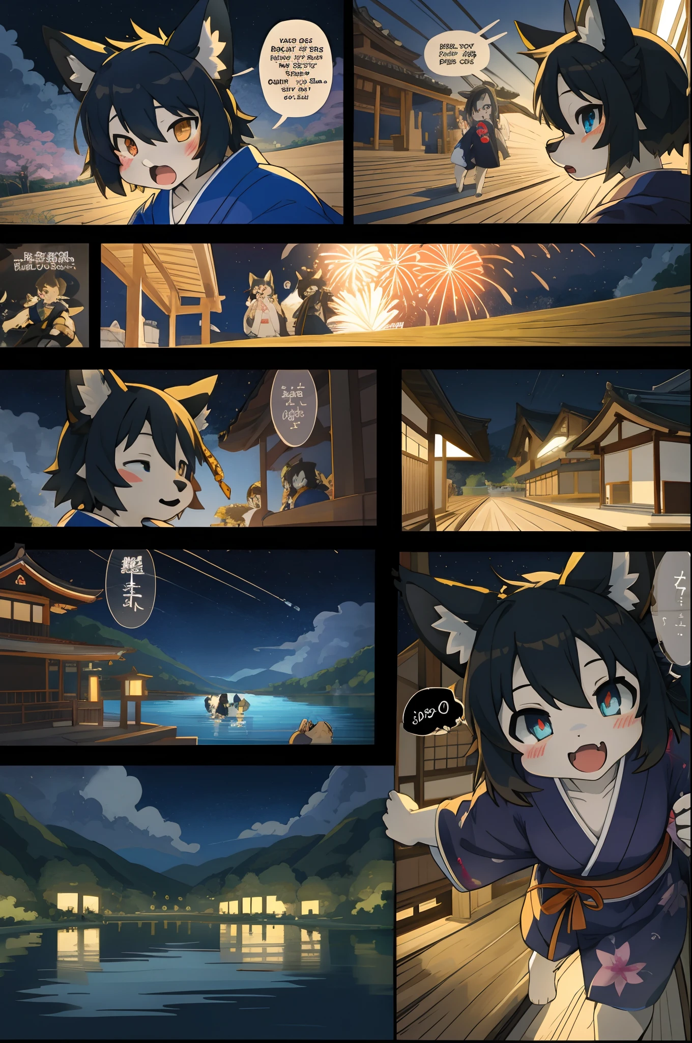 top quality, best quality, highres, masterpiece, super high resolution, detailed background, lake, nigh sky, firework, japanese yukata, 6+boys, 6+girls, absurdres(highly detailed beautiful face and eyes)perfect anatomy, good lighting, cinematic shadow(kemono, furry anthro)assorted expressions, assorted poses, assorted angles, full body, upper shot, dynamic angle(girls comic-like panel layouts, speech balloon, English text, Hand-drawn sound effects stickers used in hentai comic),