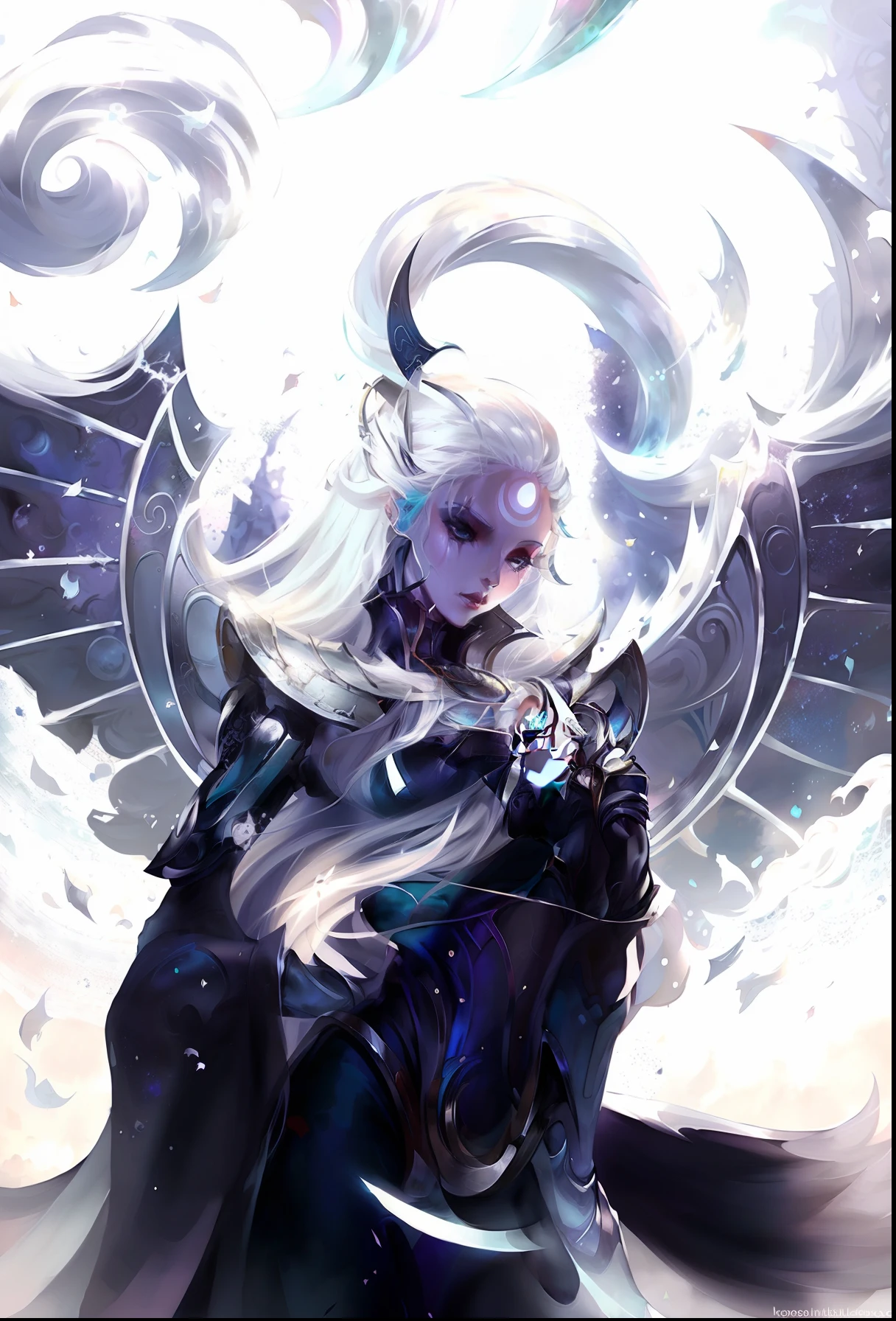 Anime - Imagem de estilo de uma mulher com cabelo branco e uma capa preta, cosmic tiefling d&d, Mago Celestial Lindo, Neoartcore e Charlie Bowater, Loish e wlop, goddess of space and time, Maya Ali como uma feiticeira da tempestade, divindade de cabelos brancos, estilo de arte charlie bowater, Loish |, aura negra brilhante