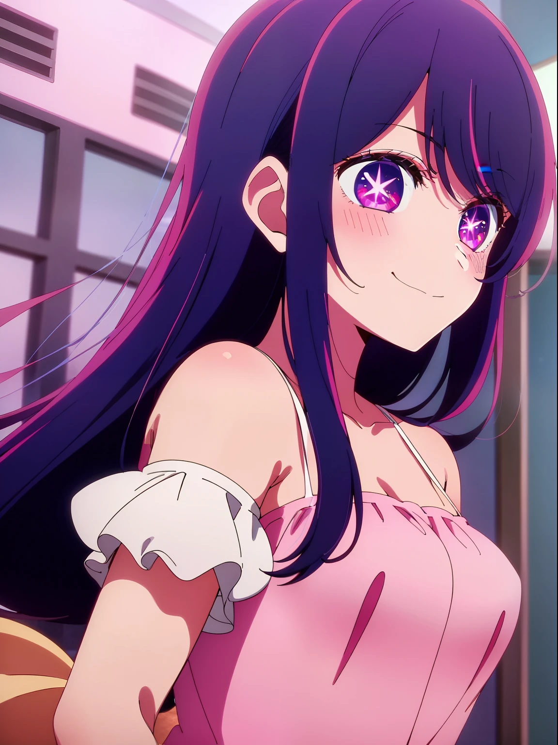 Anime girl with long hair and purple eyes, a picture inspired by Puru, Tumbler, conceptual art, Anime Best Girl, anime moe art style, closeup Iwakura Lain, Anime visuals of cute girls, Anime girl named Lucy, iwakura lain, Still from TV anime, anime still image, (Anime Girl)、Live performance venue、pink dress、A slight smil、Ai Hoshino