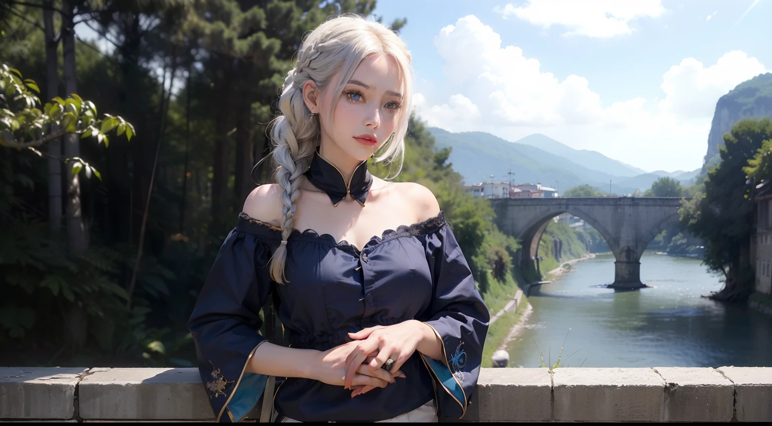 (realisitic,Photorealsitic:1.4),(1 Beauty:1.3),(beautiful countenance:1.5),Detailed shiny skin,A detailed eye,Precise hands and fingers,8K HDR, , ​masterpiece, Movie angle,电影灯光, Beautiful Vietnamese,hotpants,White hair,Braids,Belgrade,Near the bridge,Fighting,