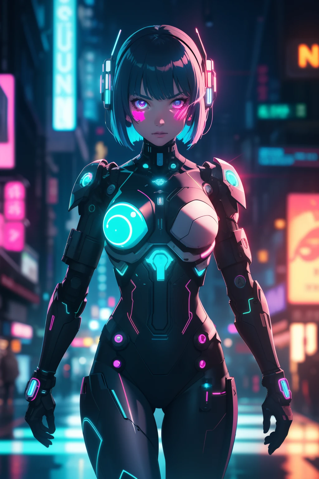 An augmented reality hacker, a woman with neon-dyed hair cascading down her back, her body partially transformed by cybernetic enhancements that blend seamlessly into her skin, standing amidst a labyrinth of neon-lit, fractal-infused alleyways in a sprawling futuristic metropolis.