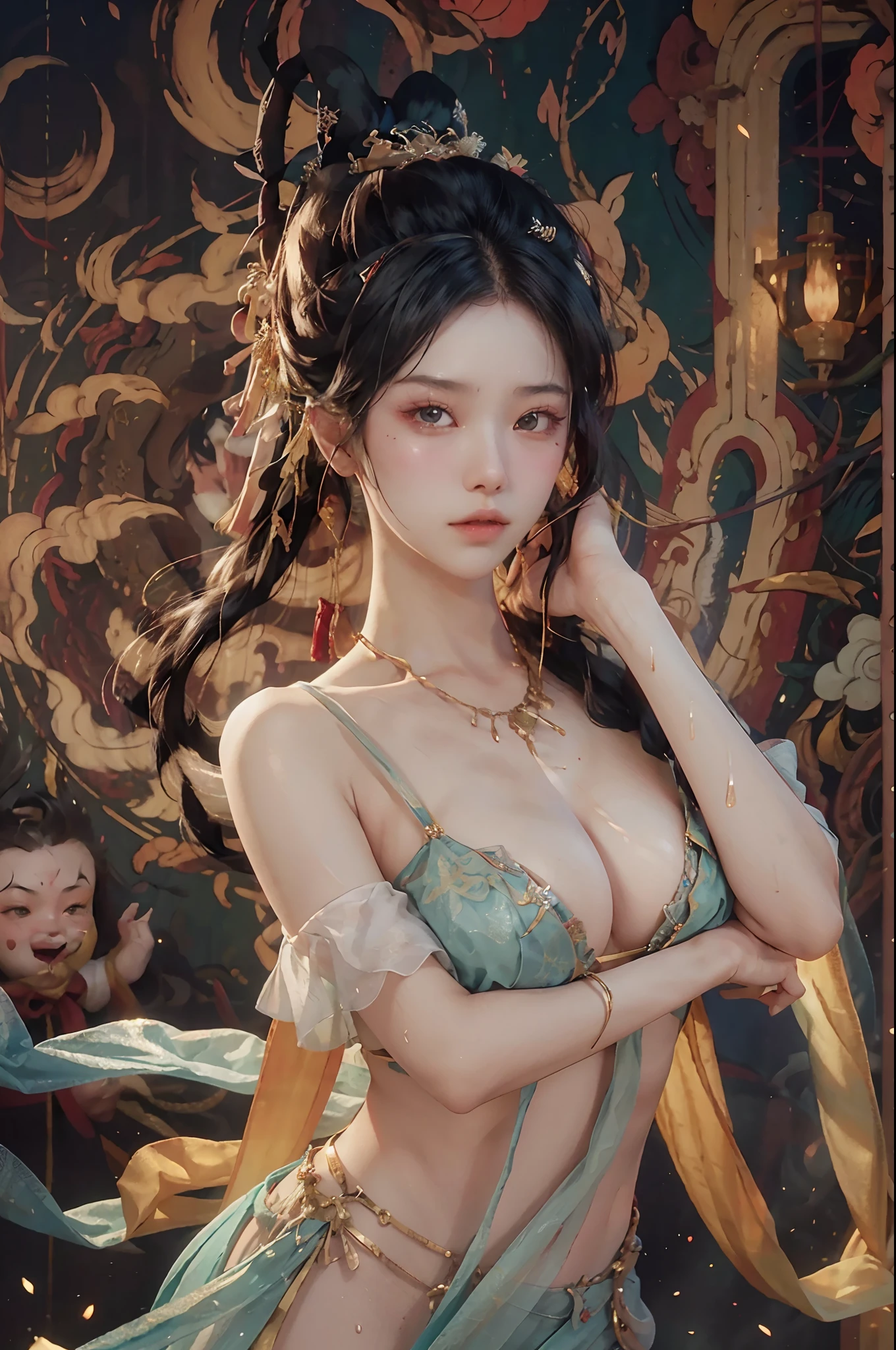 (RAW photo, Best quality), (Realistic, photo-realistic:1.3), Best quality, Highly detailed, Masterpiece, Ultra-detailed, illustration, 1girll, The upper part of the body_Body, Dynamic Angle, world mastery theater, Messy_Long_Hair,Best quality, extremely detailed CG unity 8k壁纸，ink，astounding，电影灯光，lens_flare，dunhuang_Style，scantily clad，4K Ultra Clear，Delicate details，Bright light，Perfect human body，Perfect face，Gorgeous background，huge tit，Crystal sweat beads