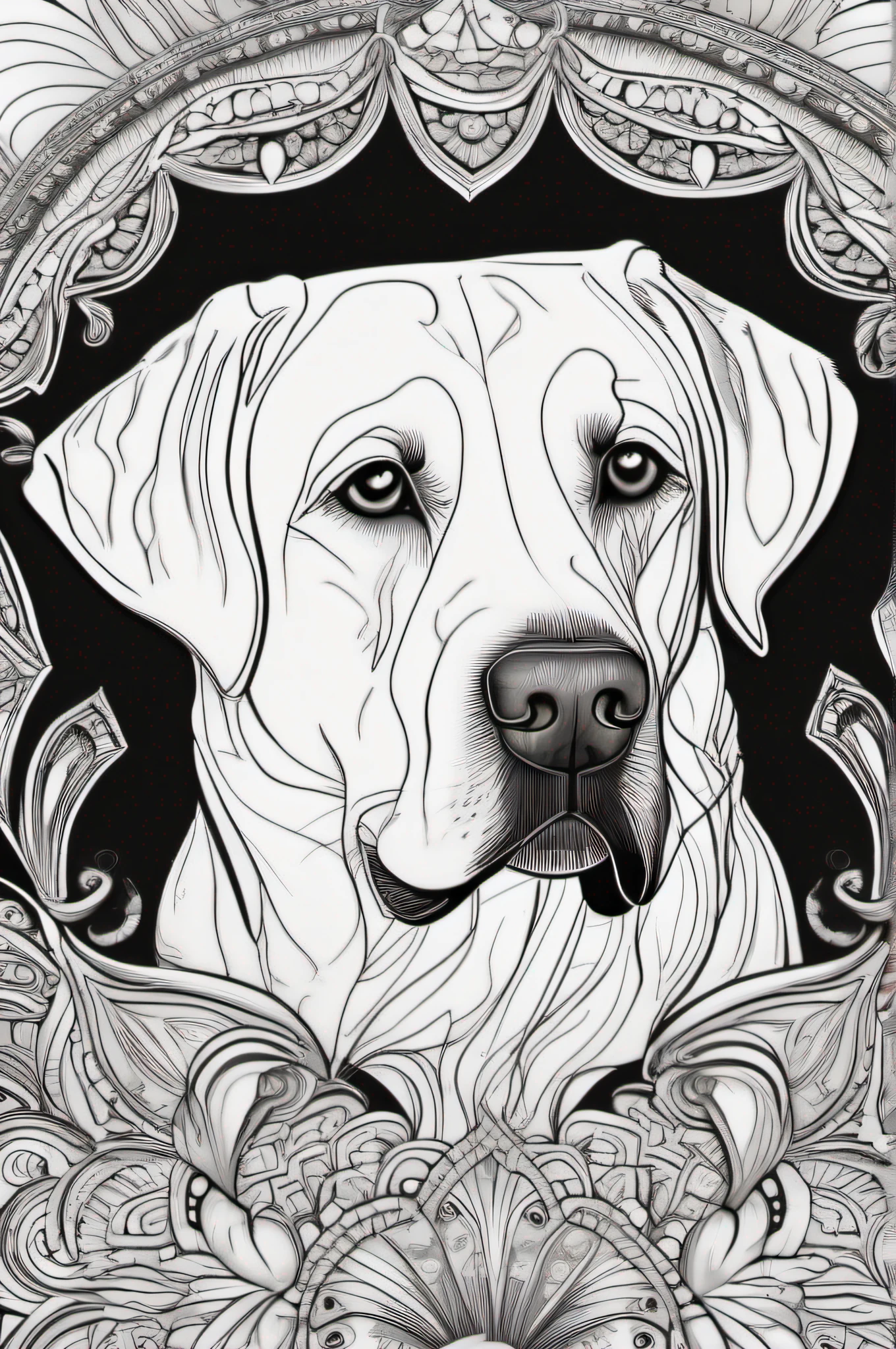 dog,mandala labrador retriever face, fantasy, magical, mystical, unusual, black and white, wavey lines, realistic line art drawing, coloring book page , no noise, crisp thick lines, outline art, centred image, isolated on a white background --v 4 --ar 2:3