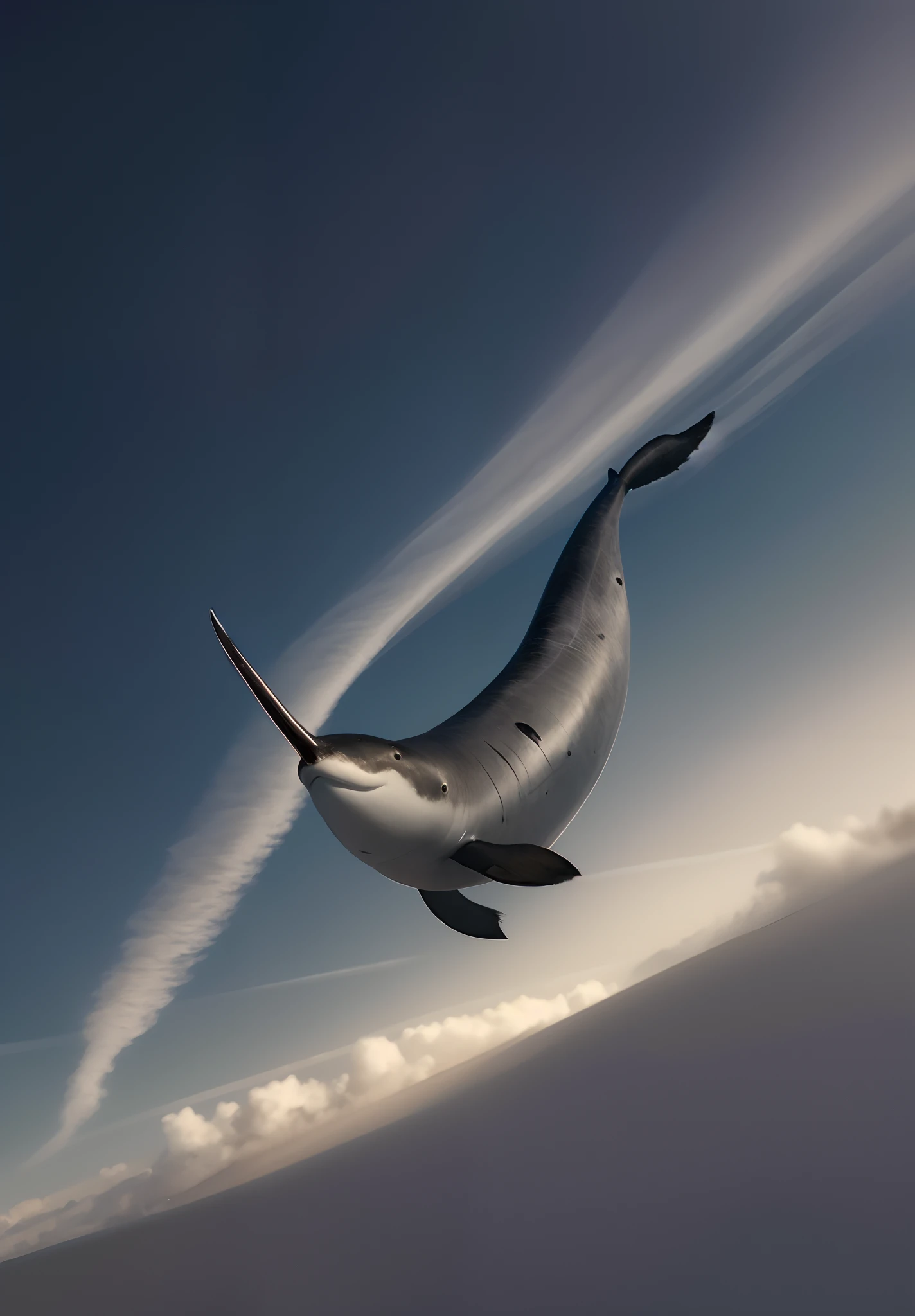 There is a black-and-white photo of a narwhal in flight, narwhal, subreddit / r / whale, flying whale, whale, ivan seal, space magical whale, space whale, marine animal, [ Realistic photo ]!!, isolated on a white background, Fluttering cattle nets, author：Shinji Aramaki, very accurate photo, Realistic illustration