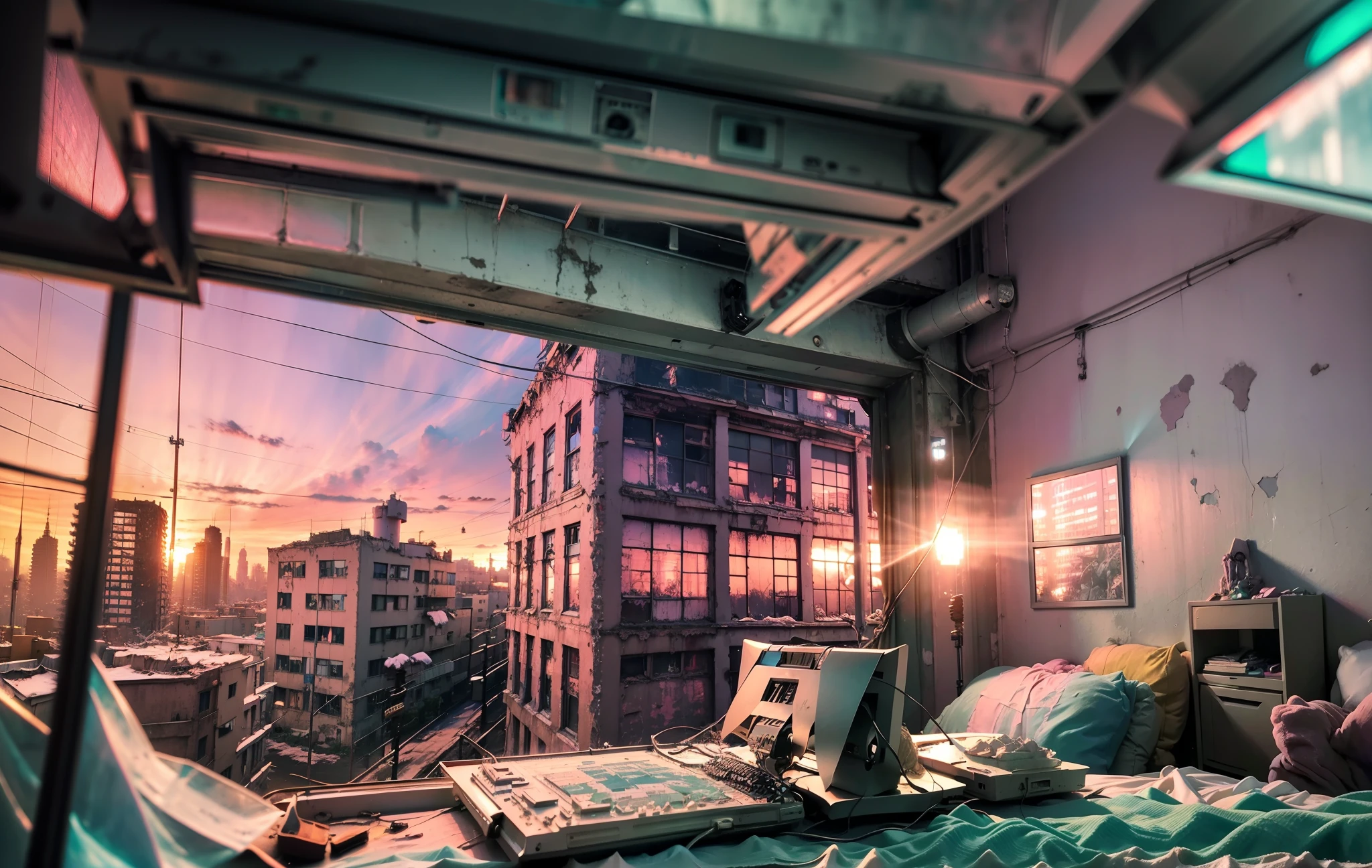 Abandoned cities,There is no life look,epic realistic, (hdr:1.4), (pastel colour:1.4), Apocalypse, freezing, Abandoned, com cores neutras, Night, Screen space refraction, (Intricate details), (Intricate details, ultra - detailed:1.2), art stations, cinema shot, Vignette, the complex background, Buildings, Snowy