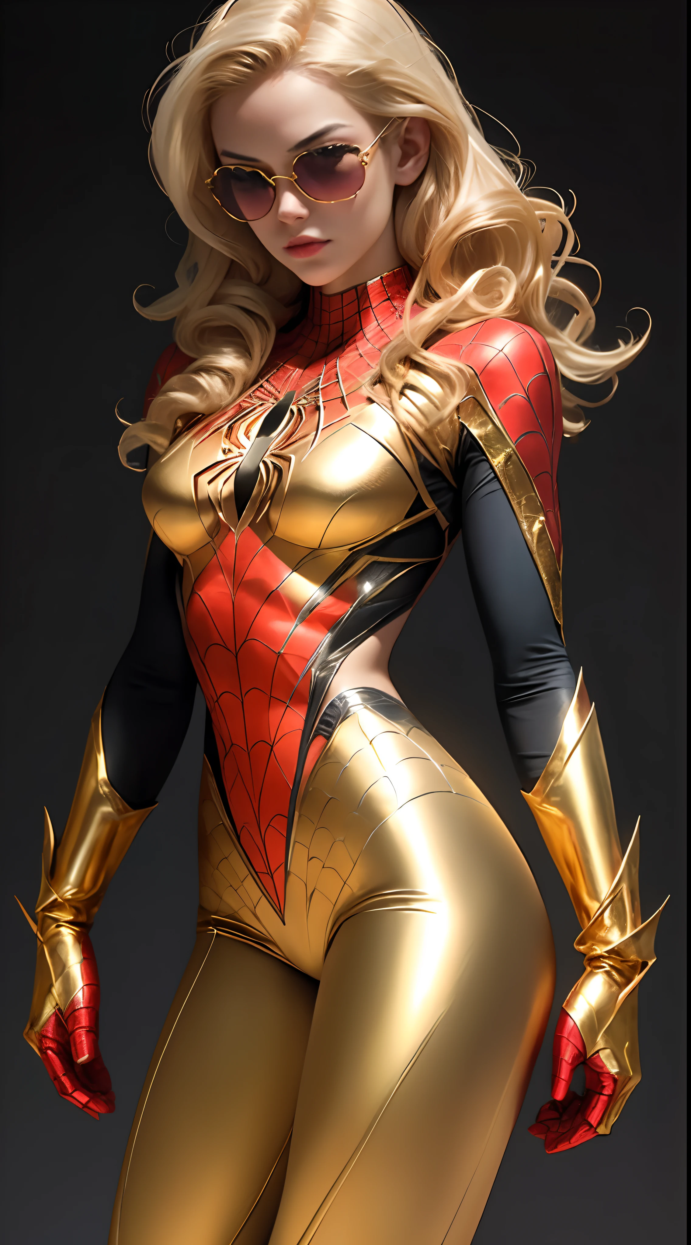 Beautiful blonde woman detailed defined body using golden spider man cosplay, huge breasts, semi-transparent outfit