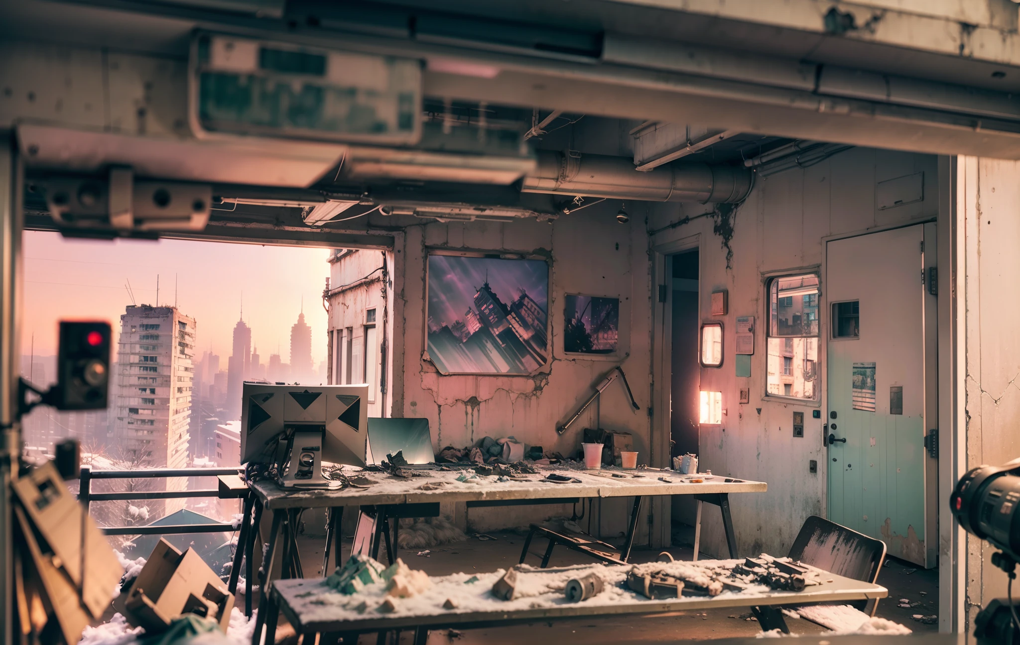 Abandoned cities,There is no life look,epic realistic, (hdr:1.4), (pastel colour:1.4), Apocalypse, freezing, Abandoned, com cores neutras, Night, Screen space refraction, (Intricate details), (Intricate details, ultra - detailed:1.2), art stations, cinema shot, Vignette, the complex background, Buildings, Snowy
