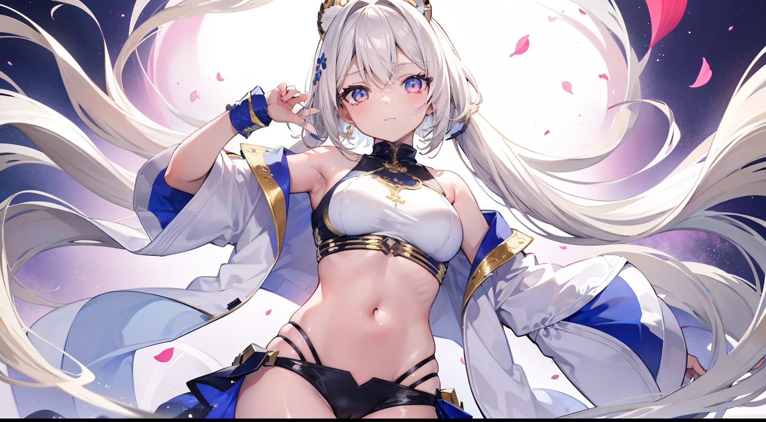 tmasterpiece,Best quality at best,A high resolution,1girll,Flowing silver hair,Crop tops,Fresh clothing,Golden-glowing eyes,、Fresh face、Clear eyes,Break shoulders,Falling petals。Faraway view,Water droplets on the crotch,seminude,Frail body type