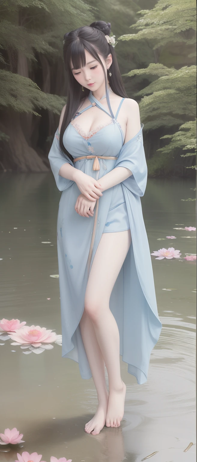((4k,masterpiece,best quality)), shuimobysim, Traditional chinese painting, lotuses, Hanfu, maxiskit, Dress conservatively 1girl, solo, blue long hair, ssmile, standing on your feet, Feet in the water, The barefoot,stocklings，Lori huge breasts cleavage