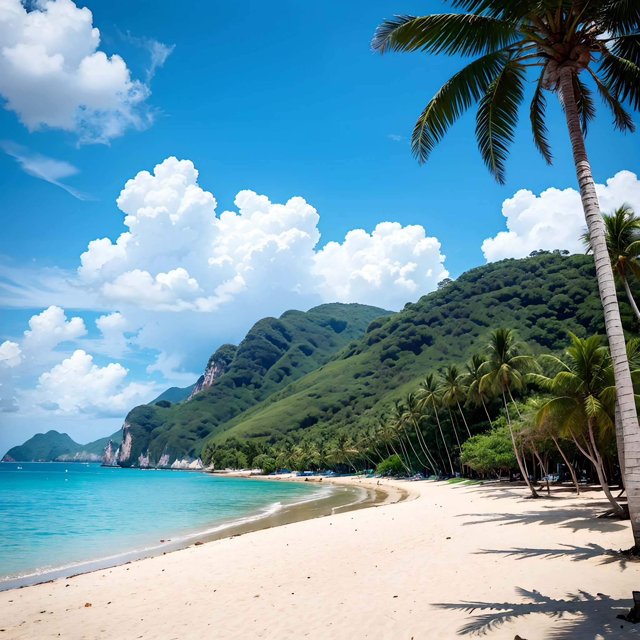 Blue sky and white clouds, sea, sand, sailing ships in the distance, coconut tree islands