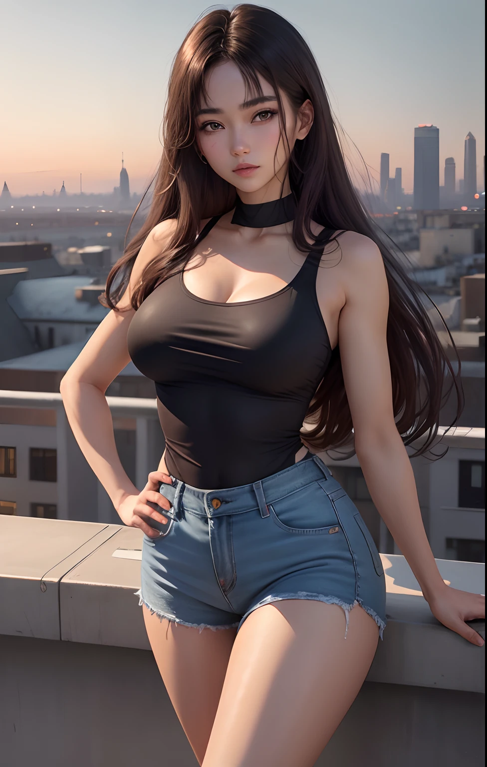 ((Midnight, Best quality, 8k, Masterpiece :1.3)), Whole body, Long legs, Sharp focus :1.2, A pretty woman with perfect figure :1.4, Slender abs :1.1, ((Dark brown hair, Big breasts :1.2)), (White tight tshirt, Jean bib, Standing:1.2), ((Night city view, Rooftop:1.3)), Highly detailed face and skin texture, Detailed eyes, Double eyelid