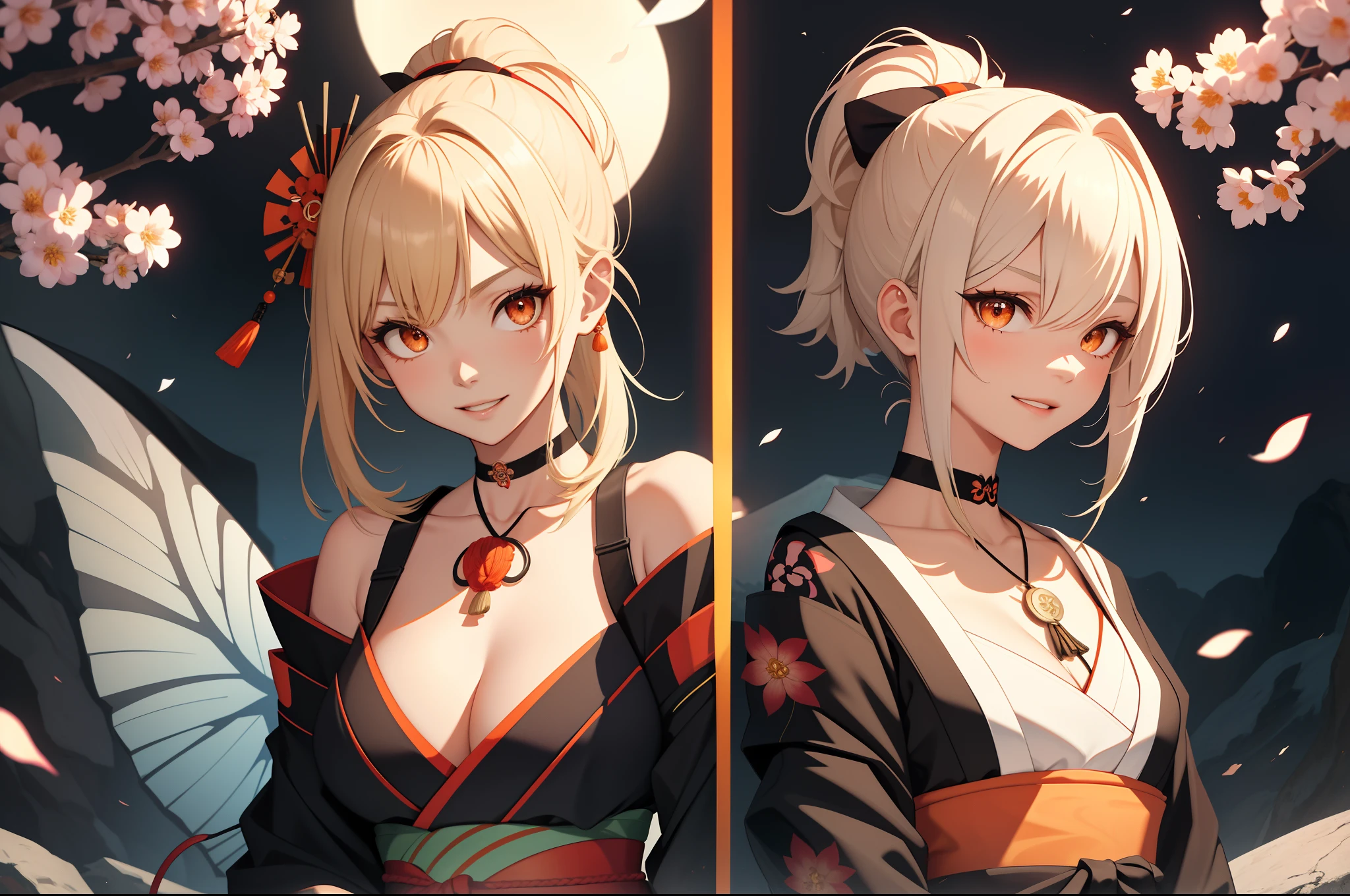 Masterpiece, Best quality, A high resolution, 1girll,(head portrait:1.5),Headshot,Portrait photo, (standing on your feet:1.4),Close-up shot,Blonde hair, Medium hair, Asymmetrical hair, Floating hair, hair between eye, High ponytail, side locks, hair adornments, fish hair ornament, nipple tassels, kanzashi, bangs, Orange eyes, Open mouth, Smile, teeth, Upper teeth only, choker necklace, Red necklace, pendant choker, butterfly choker, 鎖骨, tattoo,Half of your body is in the water,hot onsen, chest tattoo, flower tattoo, cleavage, Medium breasts, Thighs, Bandages, bandaged leg, Arashi, Budget Arashi, Chest sarashi, black sash, hadanugi dousa, houkisei, Japanese clothes, komono, Kinchaku, Obi, Obiage, obijime, orange kimono, pouch, print kimono, Cord, sash, shimenawa, Short kimono, Single bare shoulder, visions (Genshin Impact), east asian architecture, Cherry blossoms, Single glove, Single fingerless gloves, arms cuffs, Sitting, Legs together,