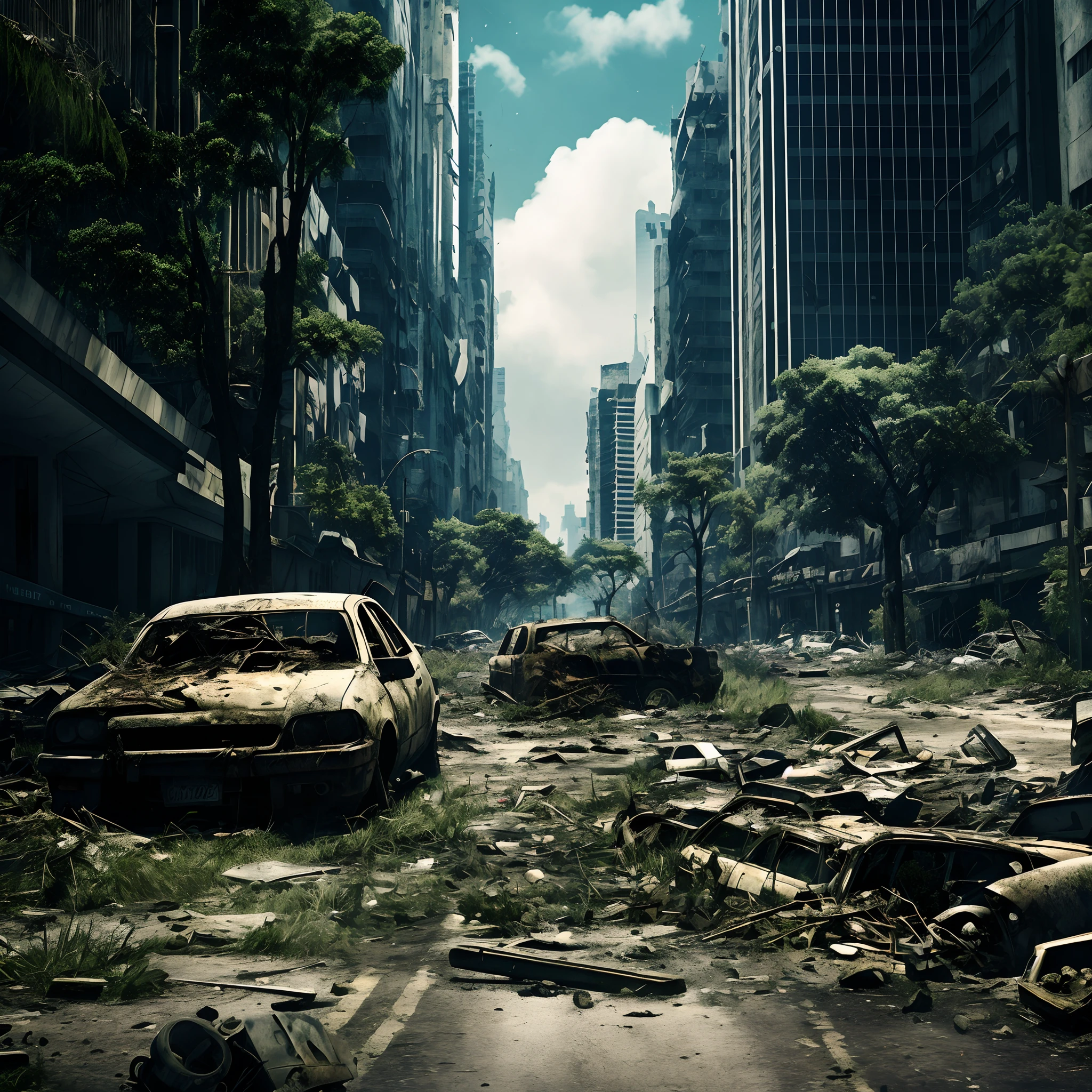 There are cars and debris in the middle of the streets of the city of Alafede, Post-apocalyptic street, post - apocalyptic city streets, in a post apocalyptic city, outdoors ruined cityscape, Post apocalyptic scenario, post apocalyptic tokyo, destroyed city in background, set in post apocalyptic tokyo, post - apocalyptic city, post-apocalyptic earth, destroyed city, post apocalyptic atmosphere