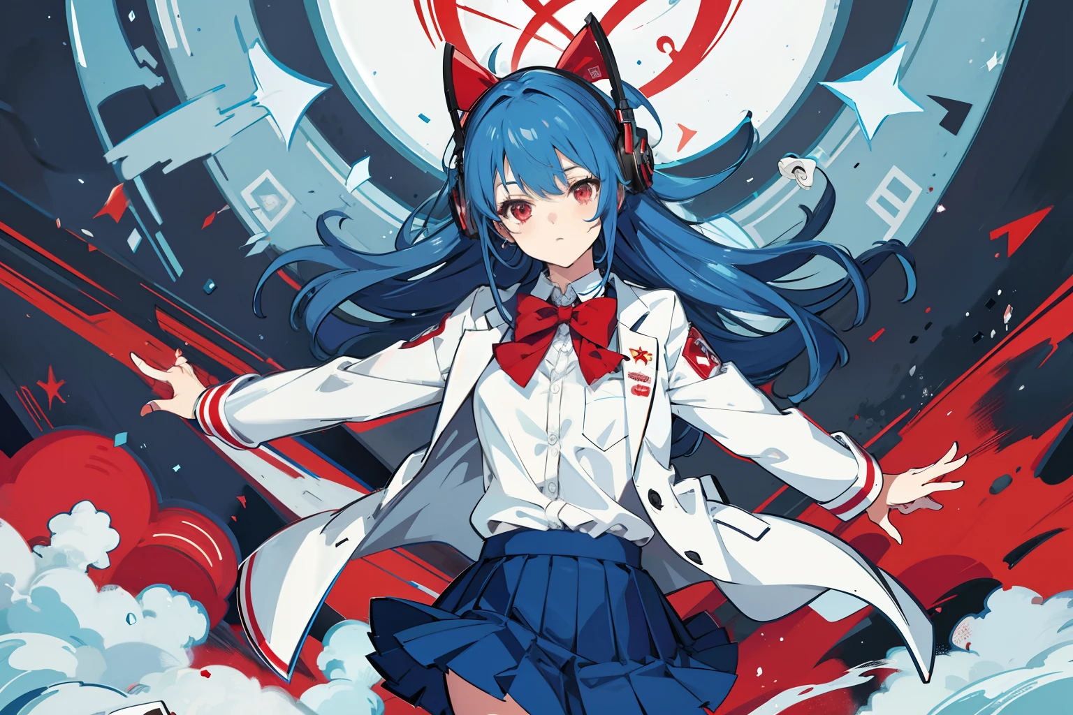 Blue hair, Red eyes,lab coat, headphones, Pleated skirt,Solo,Lori,Cute,Bow, 8K, masterpiece,